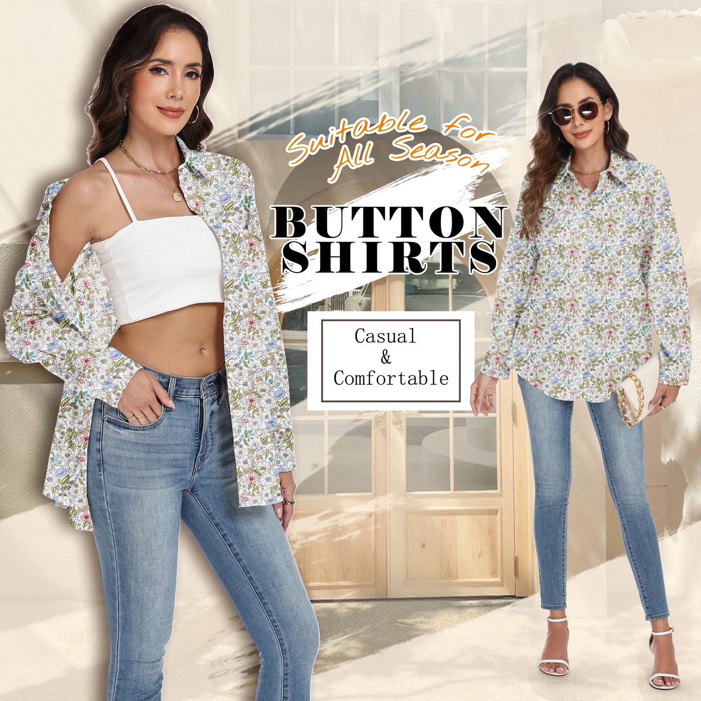 VDJ Womens Long Sleeve Button Down Shirts Floral Printed Fashion Tops Fall Winter Holiday Blouses Outfits