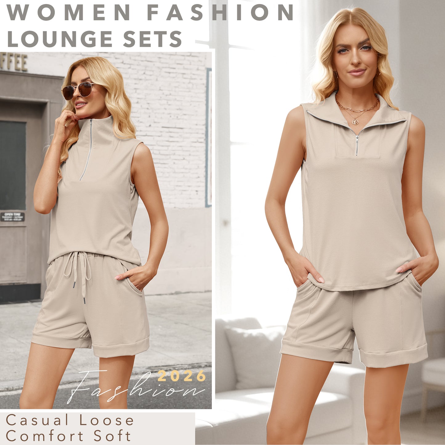 VDJ Two Piece Outfits for Women Lounge Sets Vest Tops and Shorts Set Sweatsuits with Pockets Beige Sleeveless Fashion Tracksuit