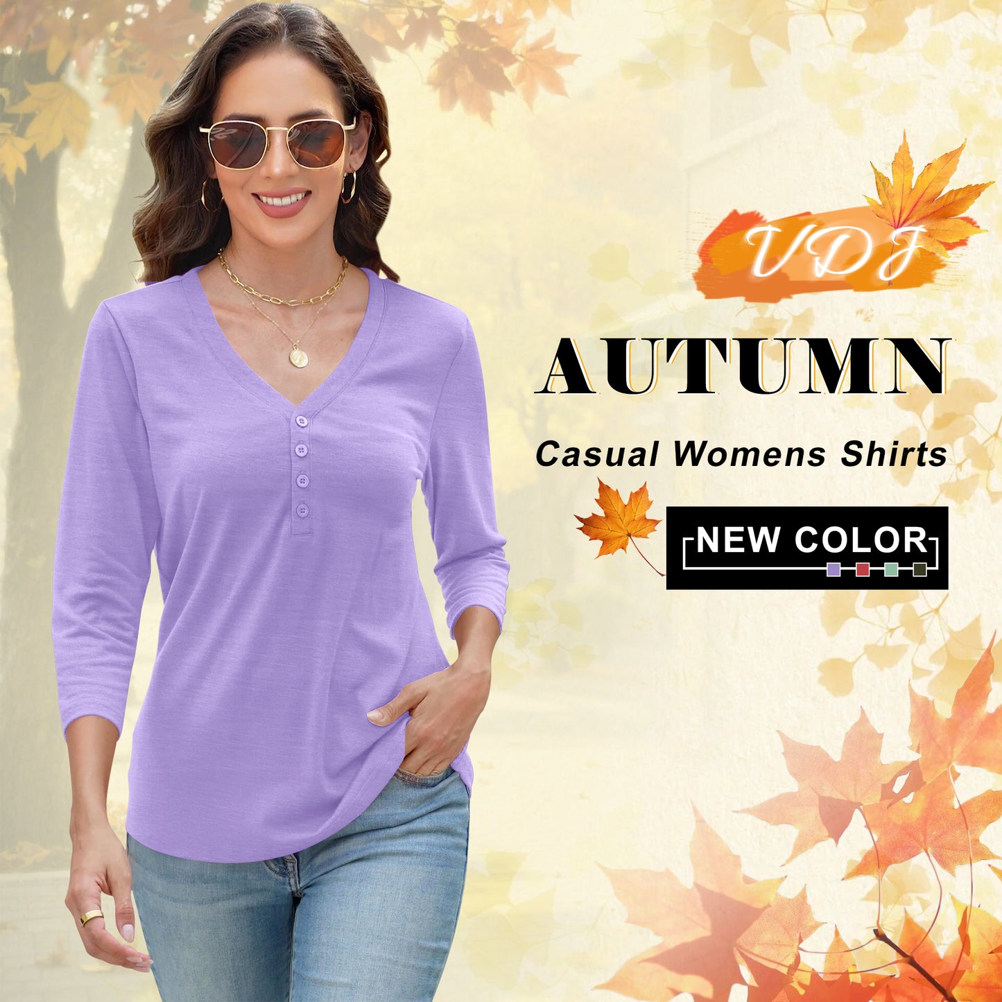 VDJ Womens Blouses Summer 3/4 Sleeve Basic T Shirts Button Up V Neck Comfort Soft Shirts Purple Tunic Tops