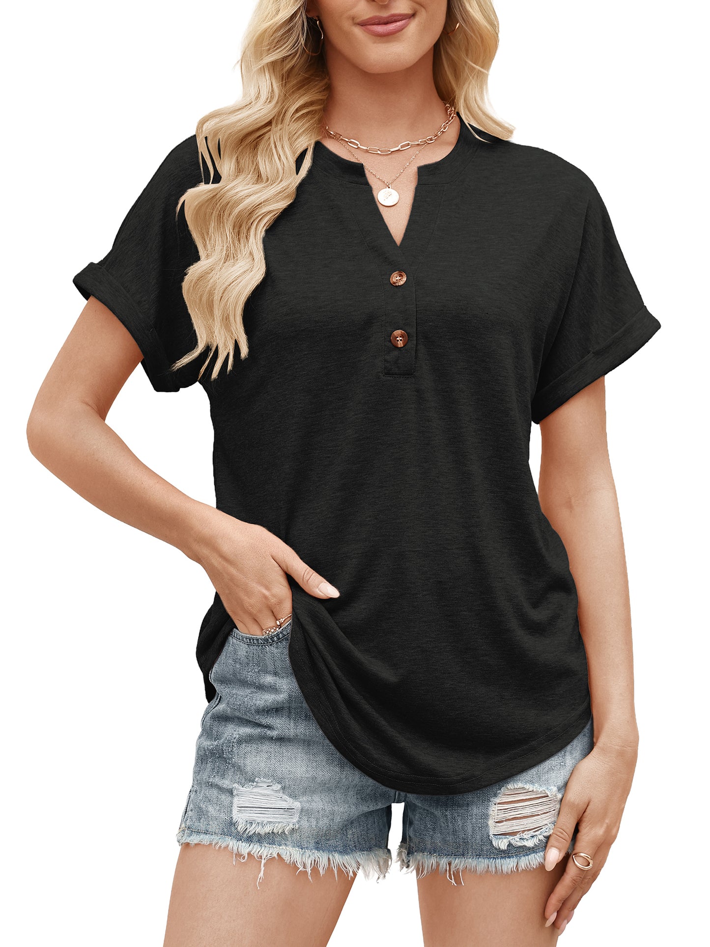 VDJ Tops for Women Summer Short Sleeve Button Up Solid Tee Shirts Casual Loose Henley Collared Black Shirt Clothing