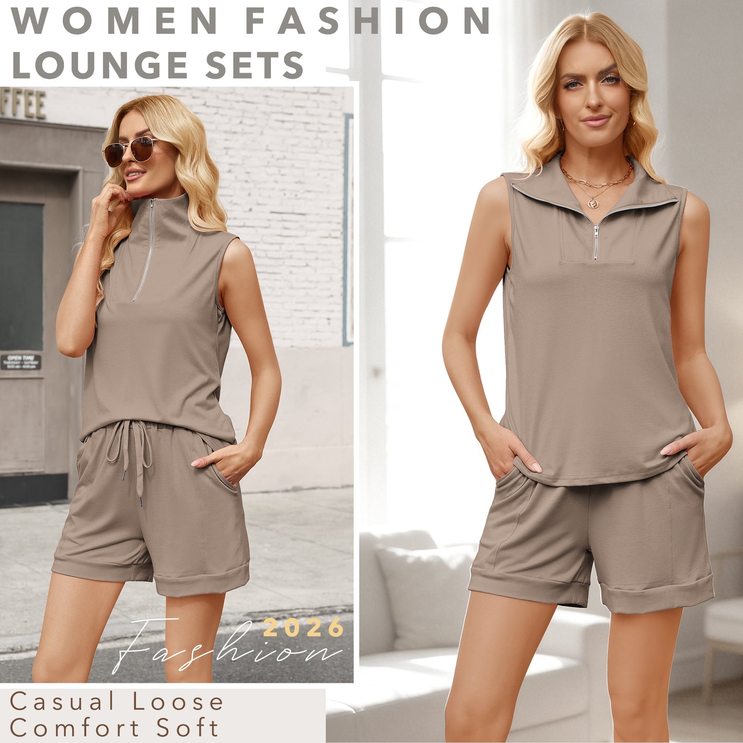VDJ Two Piece Outfits for Women Lounge Sets Vest Tops and Shorts Set Sweatsuits with Pockets Coffee Sleeveless Fashion Tracksuit
