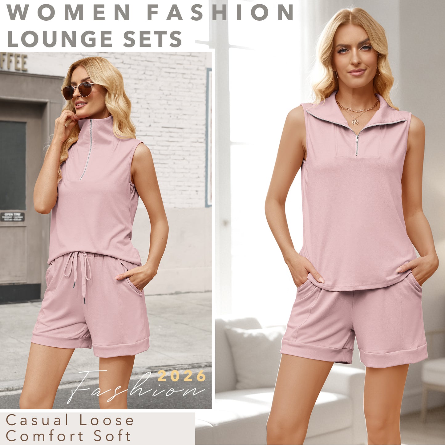 VDJ Women 2 Piece Short Sets Zip Up Collared Tank Tops Drawstring Shorts Sleeveless Outfits with Pockets Pink Sweatsuits