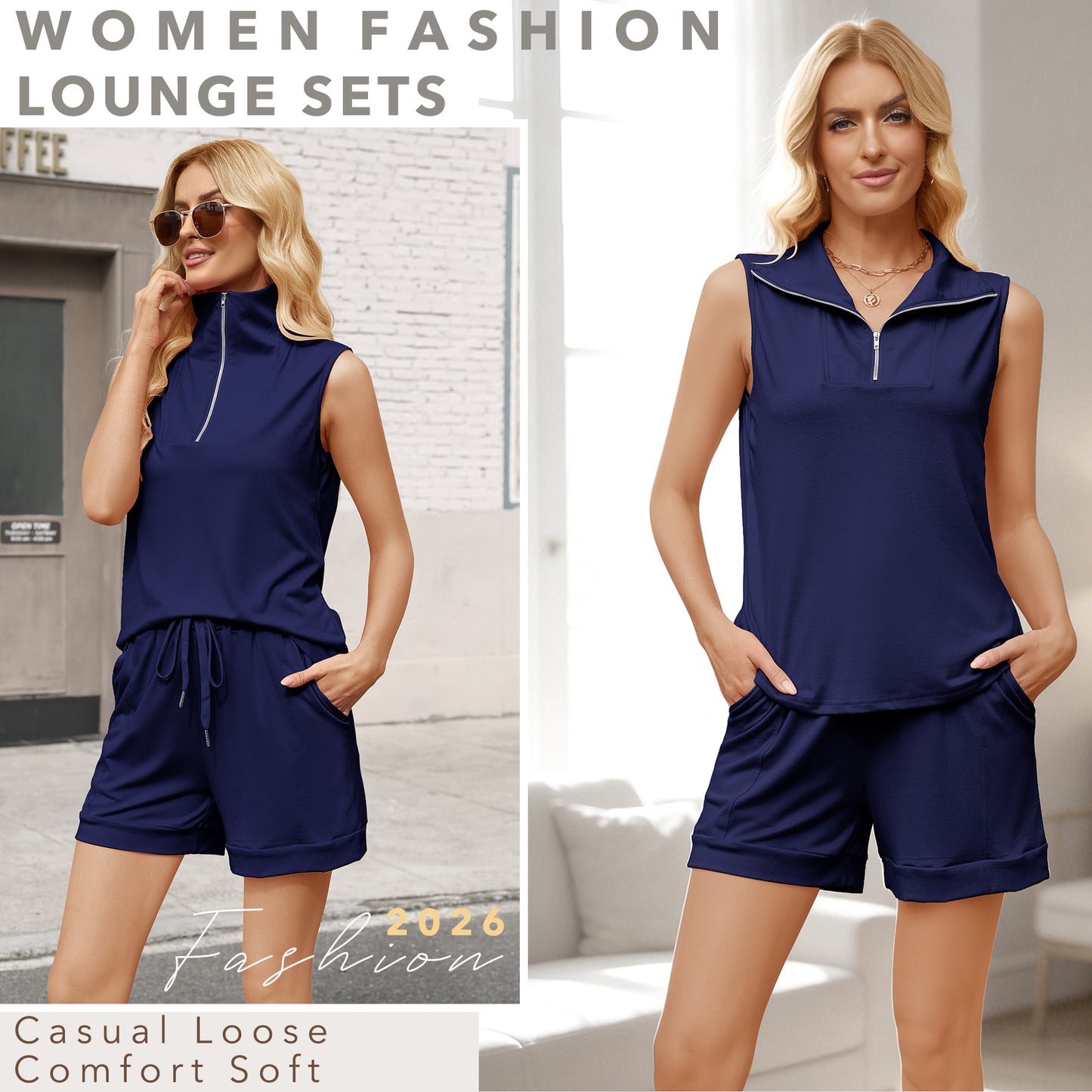 VDJ Women's 2026 Summer Outfits Half Zip Lapel Collar Tank Tops Shorts Set Sweatsuits Drawstring Navy Blue Lightweight Loungewear