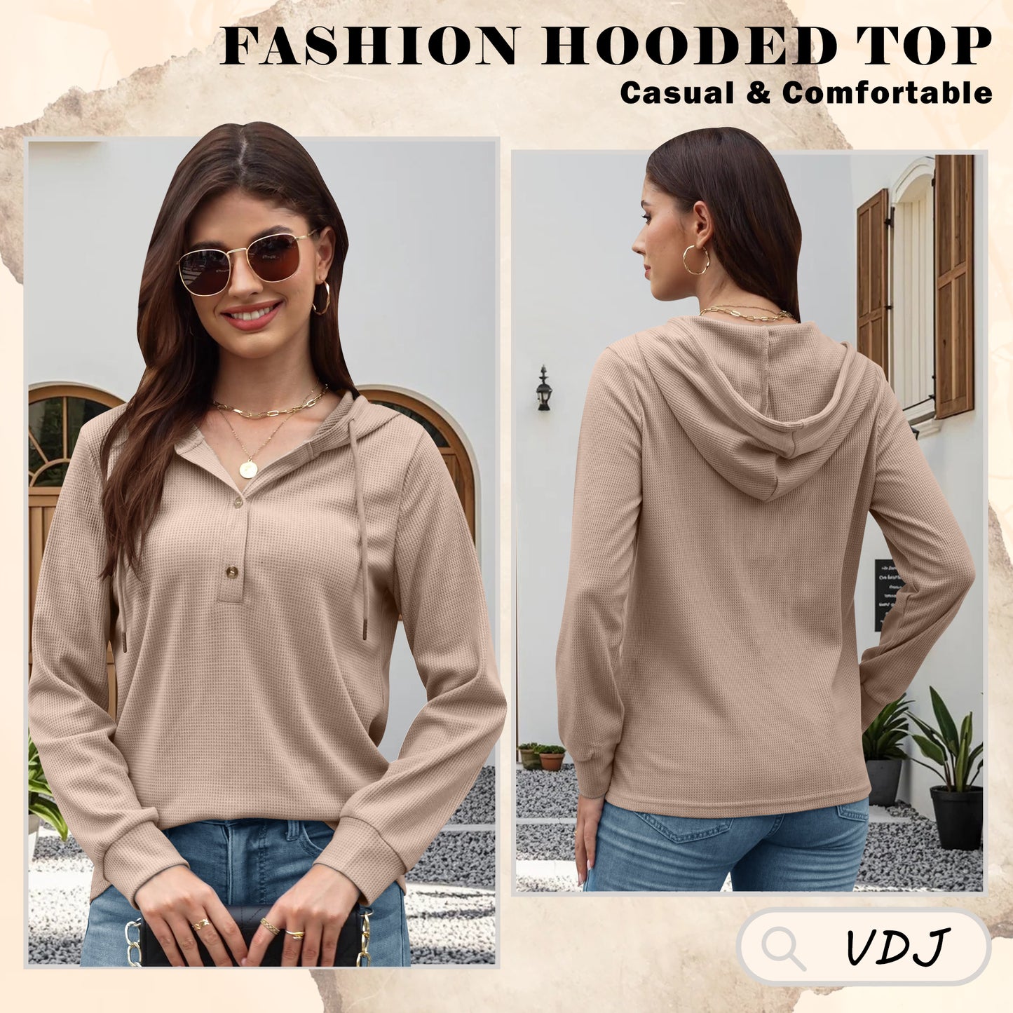 VDJ Womens Fall Tops Hoodies Pullover Casual Long Sleeve Button Hooded Sweatshirts Lightweight Autmun Clothing