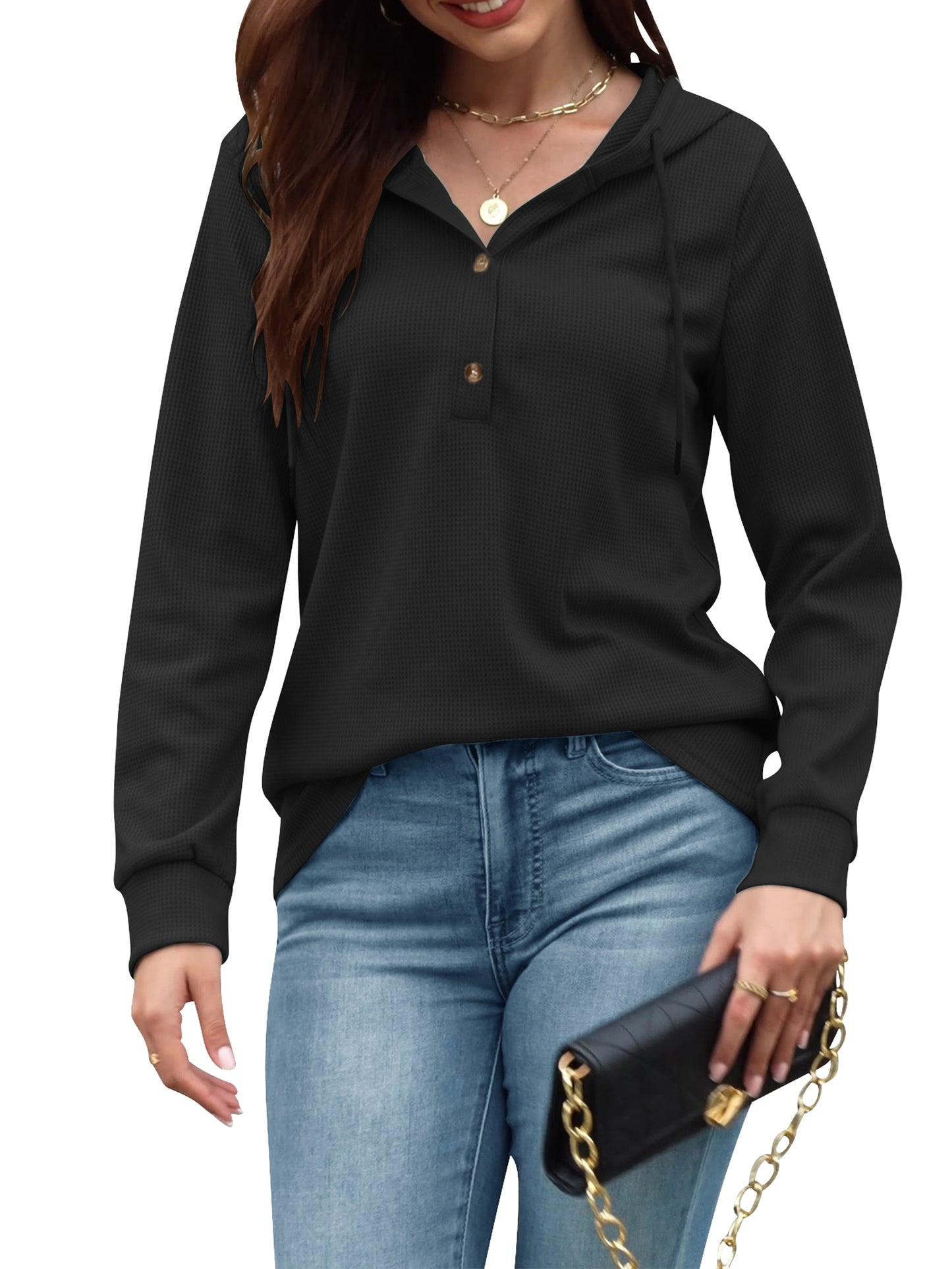 VDJ Hoodies for Women Casual Long Sleeve Fall Sweatshirts Pullover Drawstring Hood Tops Black Womens Clothes