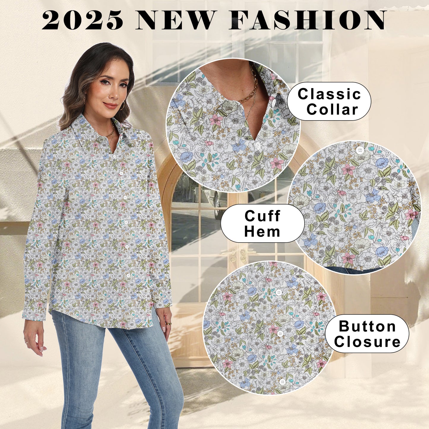 VDJ Womens Long Sleeve Button Down Shirts Floral Printed Fashion Tops Fall Winter Holiday Blouses Outfits