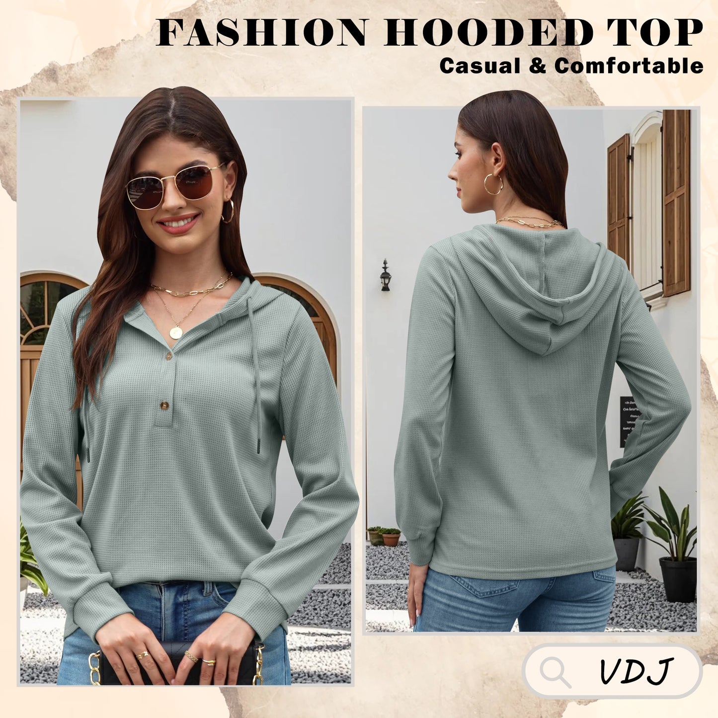 VDJ Womens Hoodies Long Sleeve Button V Neck Hooded Pullover Solid Waffle Knit Drawstring Solid Green Sweatshirts