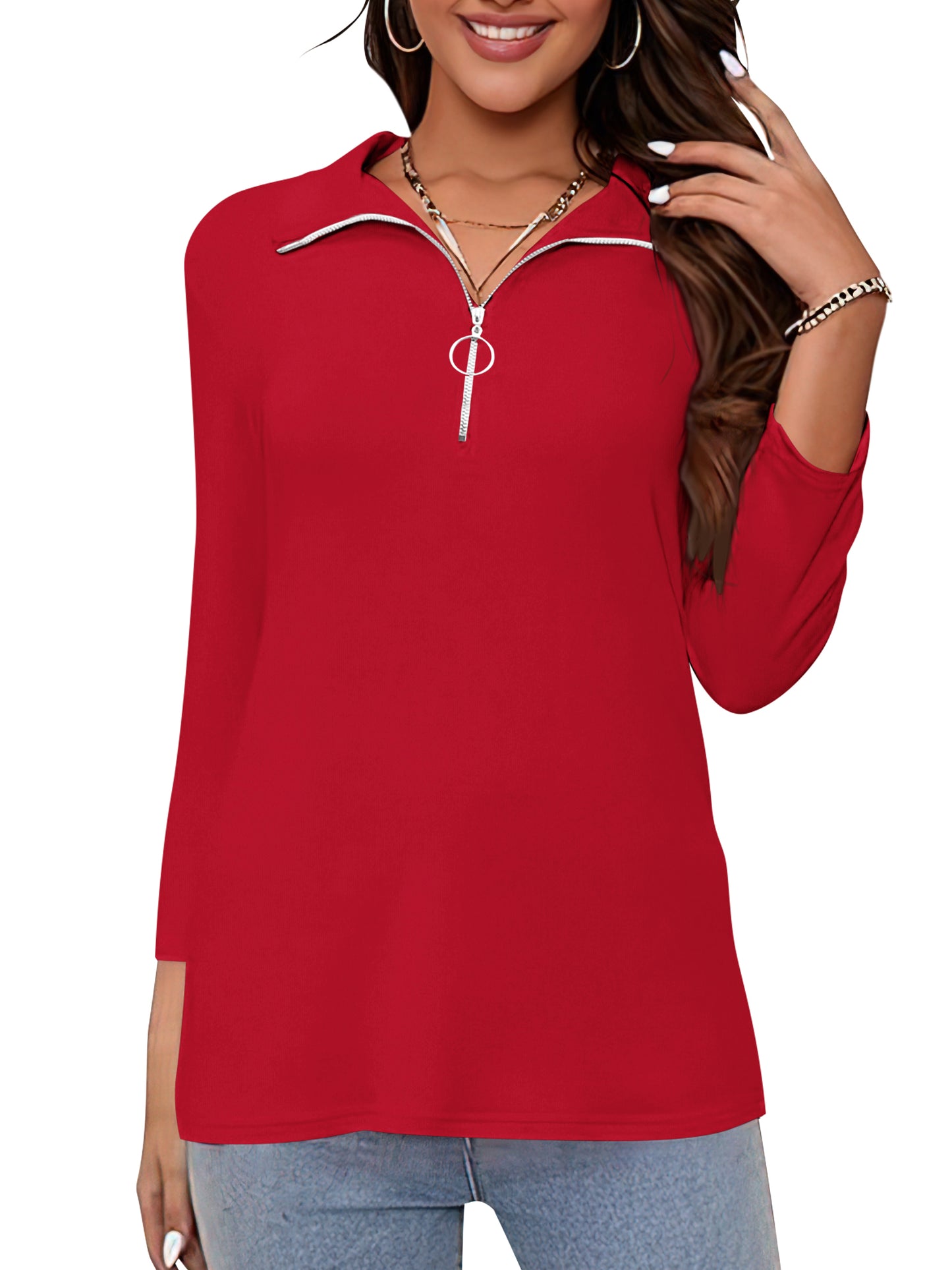 VDJ Womens Summer T Shirts Fashion Casual 3/4 Sleeve Tunic Half Zip Collar Holiady Loose Red Cute Tops for Laidies