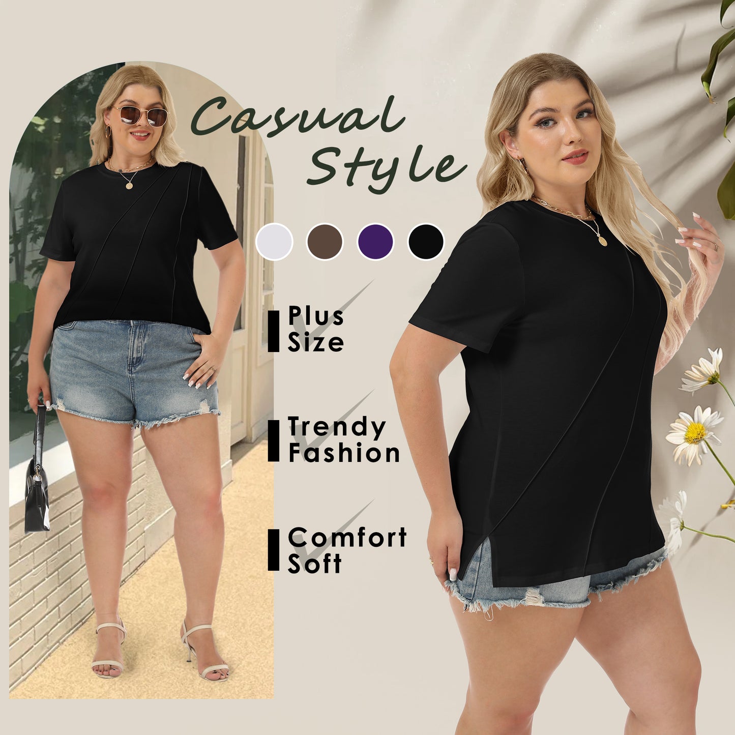 VDJ Women Plus Size Tops Casual Loose Pleated Solid Blouses Oversized Short Sleeve Round Neck Basic Black Tee