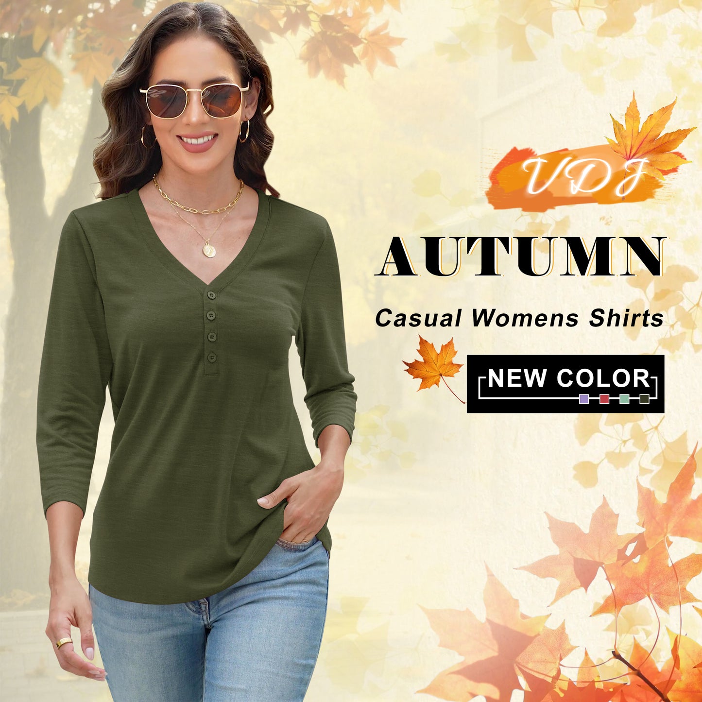 VDJ Women Summer T Shirts Casual Loose 3/4 Sleeve V Neck Tunic Stylish Solid Color Army Green Business Tee Clothes