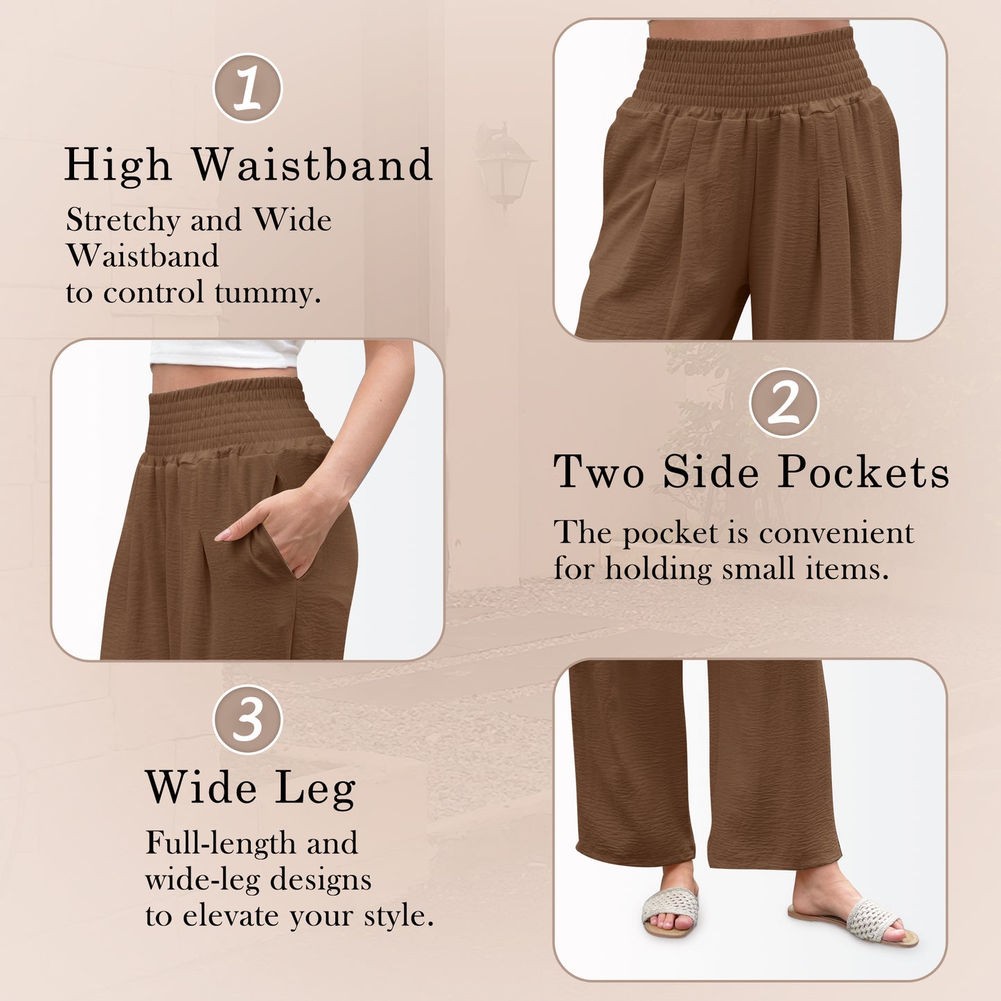 VDJ Womens Casual Pants Elastic High Waist Summer Coffee Lounge Pants Lightweight Flowy Beach Trousers Clothing