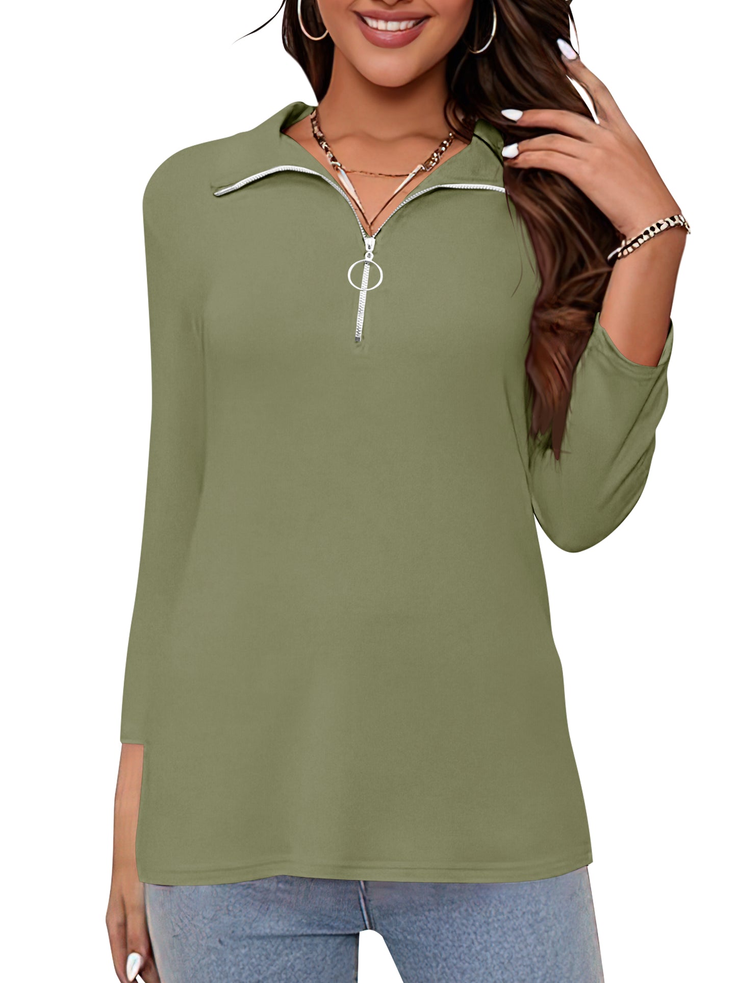 VDJ Summer T Shirts for Women Solid Color Lightweight Tee Blouse Casual Loose 3/4 Length Sleeve Zip V Neck Shirts