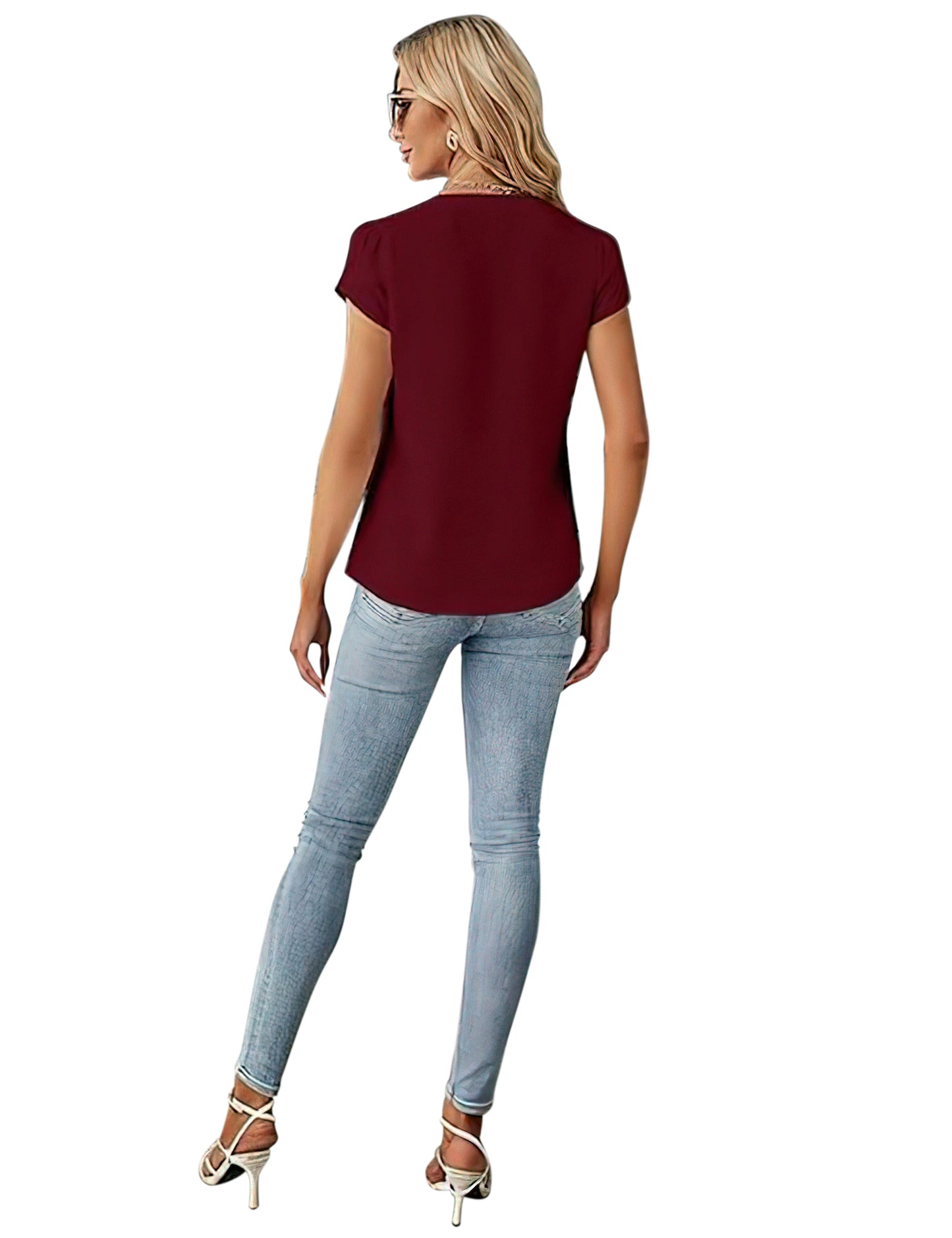 VDJ Womens Tops Casual Fit Dressy Blouse Petal Short Sleeve Button Up V Neck Lightweight Fashion Tee Elegant Wine Red Shirts