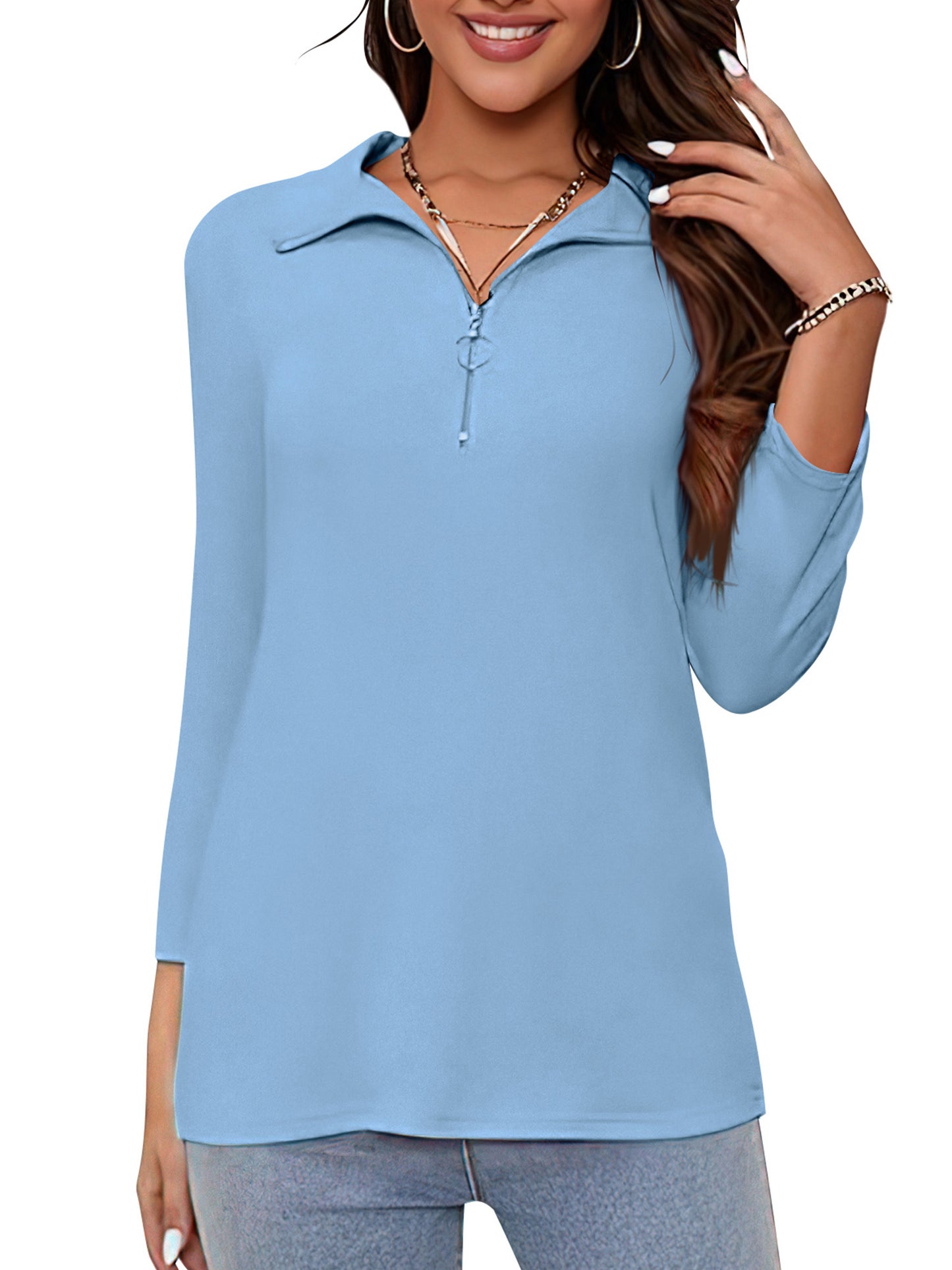 VDJ 3/4 Sleeve Shirts for Women Half Zip Collared Tops Summer Fall Collar Polo Shirts Sky Blue Soft Basics Tees