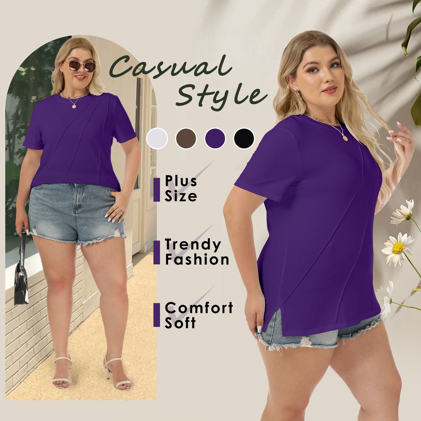 VDJ Womens Plus T Shirts Short Sleeve Casual Dressy Blouse Fashion Loose Summer Business Purple Tunic Tops