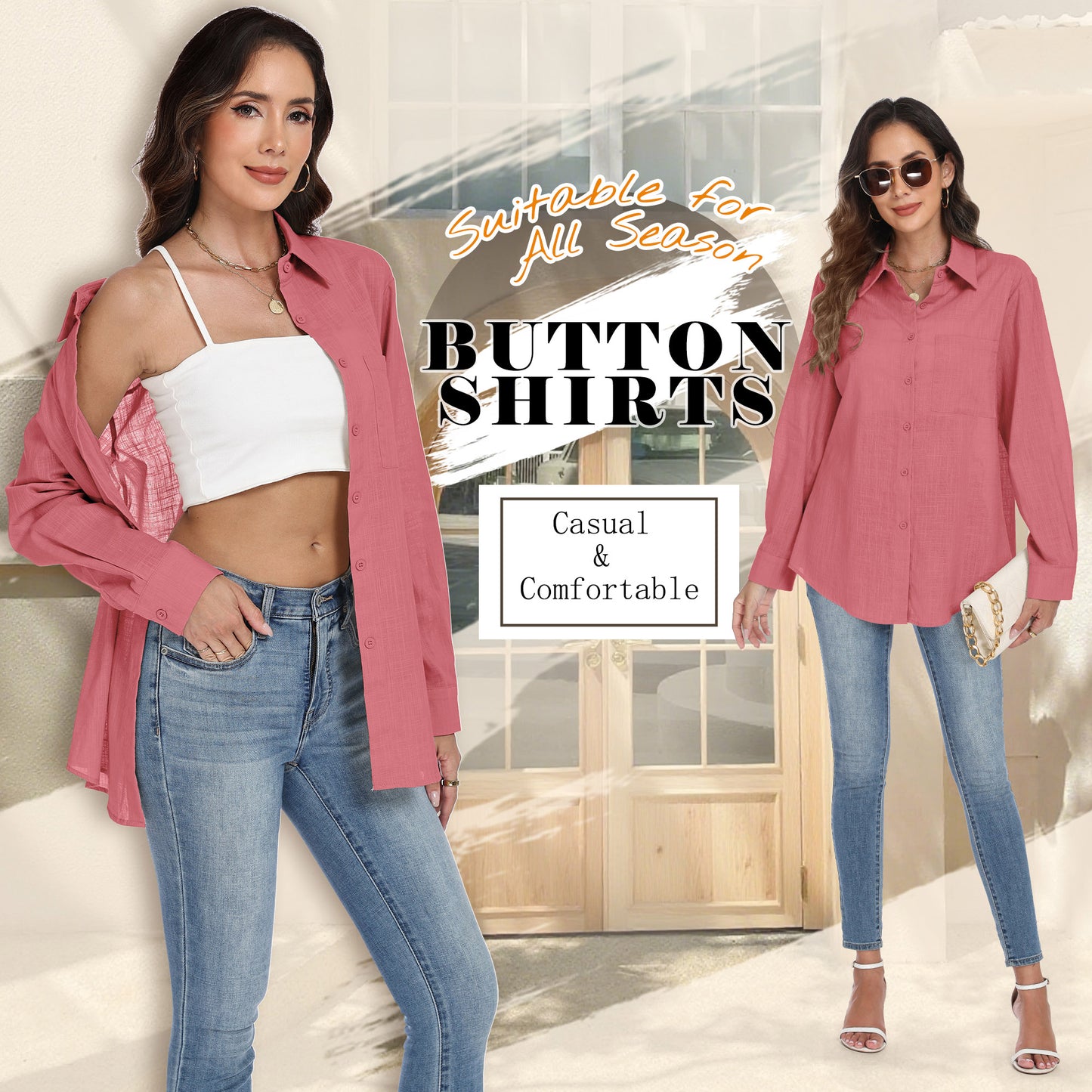VDJ Womens Button Down Shirts Long Sleeve Casual Collared Business Blouse Lightweight Casual Work Tops