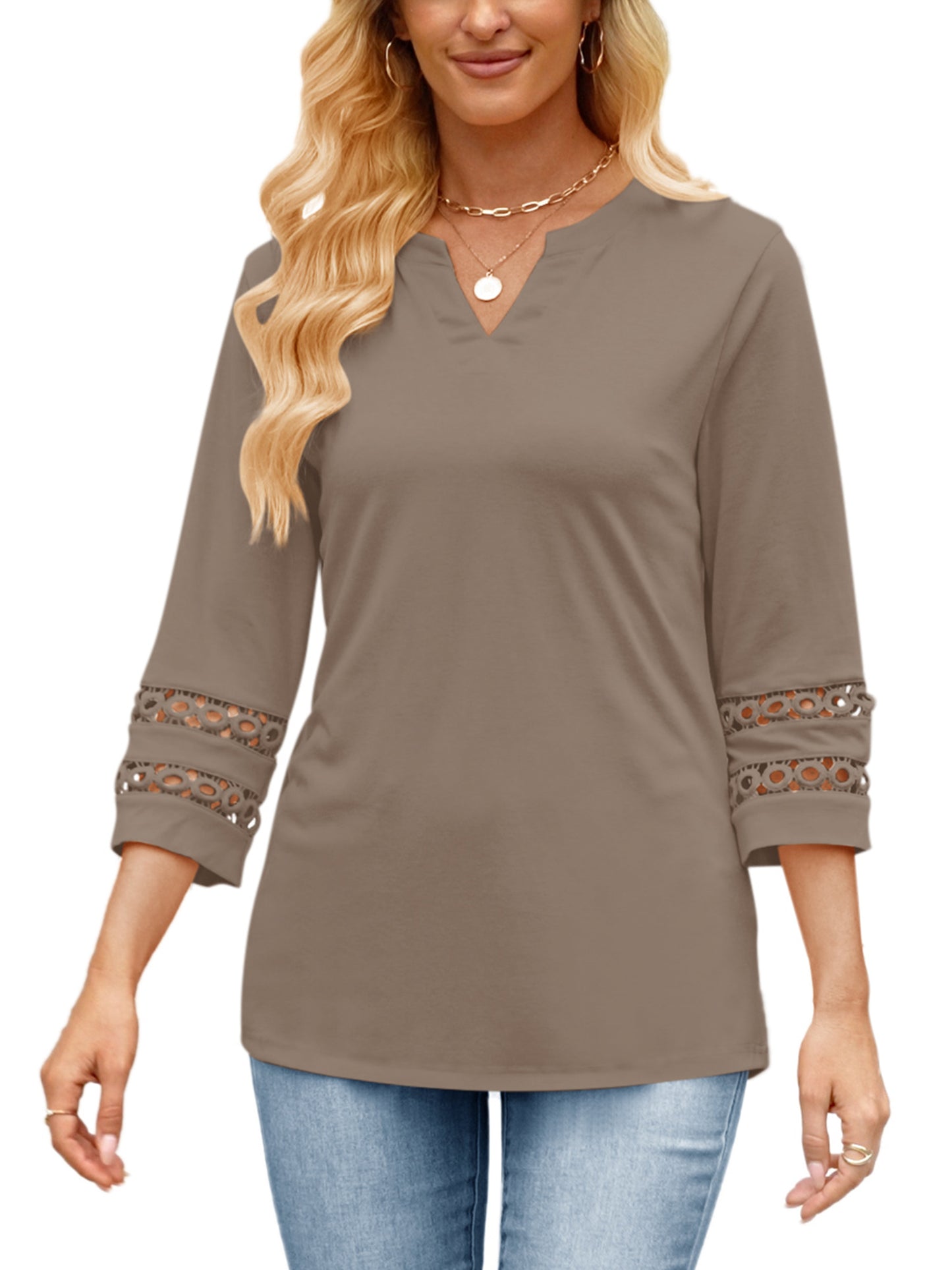 VDJ Women 3/4 Sleeve Tops Summer Holiday Fashion V Neck T Shirts Comfort Lightweight Blouse Black Tunic Tee