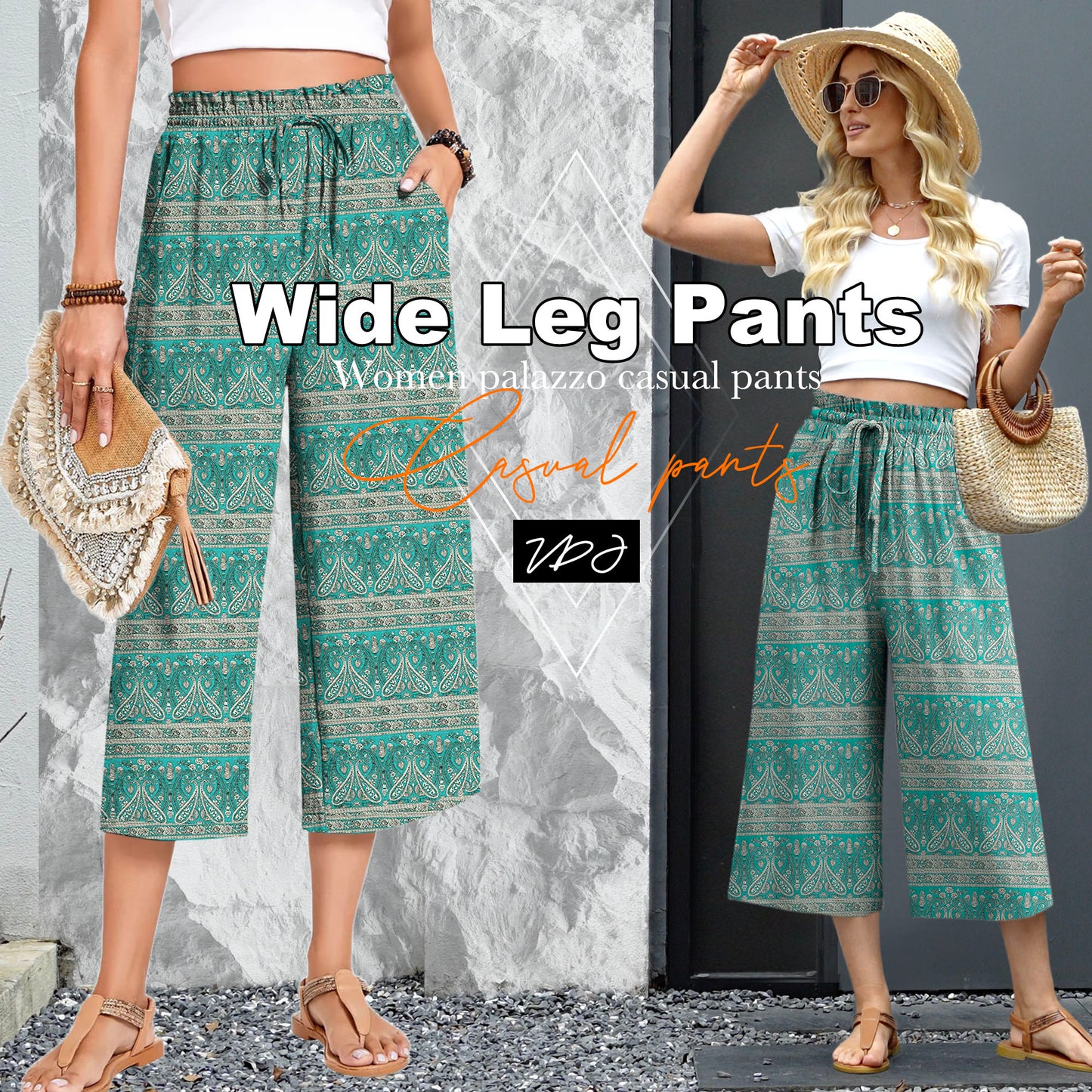 VDJ Women's Cropped Pants Summer Boho Fashion Floral Printed Wide Leg Capri Business Work Pants with Pockets