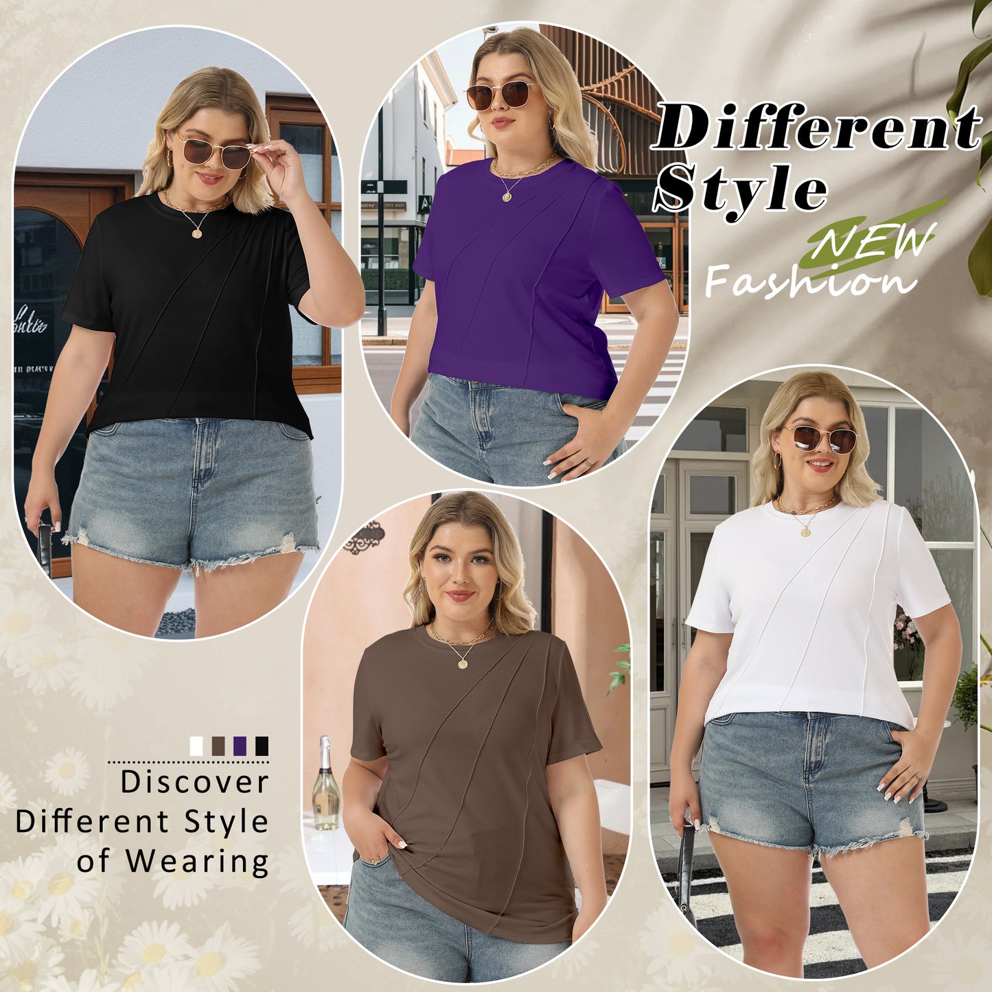 VDJ Women Plus Size Tops Casual Loose Pleated Solid Blouses Oversized Short Sleeve Round Neck Basic Black Tee