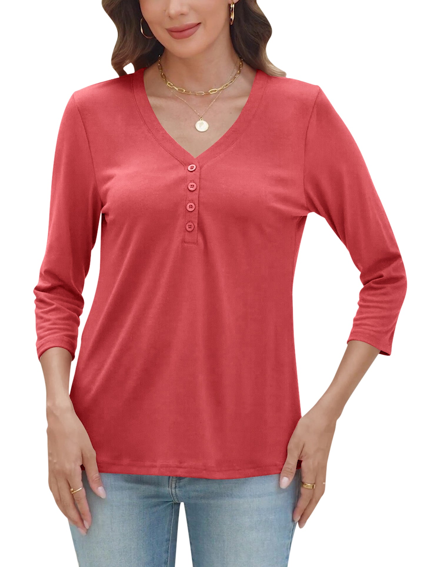 VDJ Summer Tops for Women 3/4 Sleeve Button Up Plain Tee Comfortable Casual Lounge Shirts Light Green Chic Blouses
