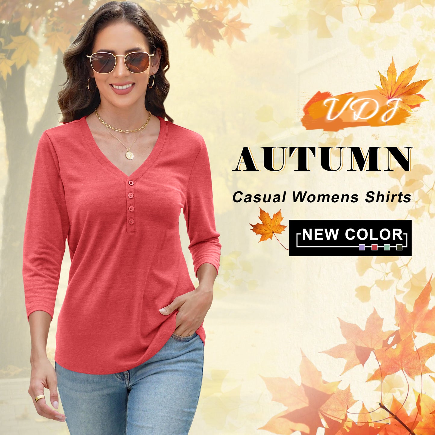 VDJ Summer Tops for Women 3/4 Sleeve Button Up Plain Tee Comfortable Casual Lounge Shirts Light Green Chic Blouses