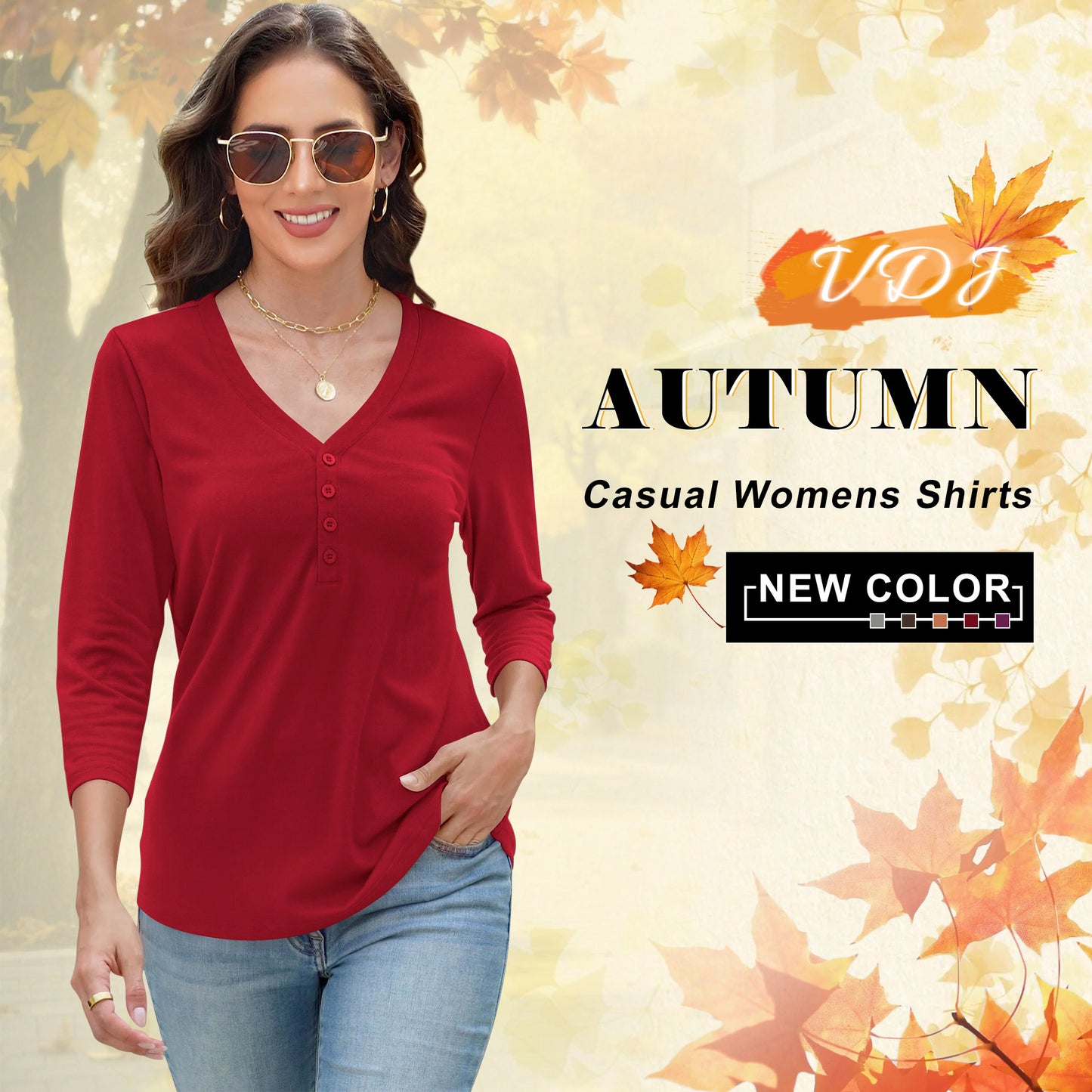 VDJ Women Blouses 3/4 Sleeve Sleeve Button V Neck Tshirts Cozy Soft Lounge Red Tee Tops Clothing