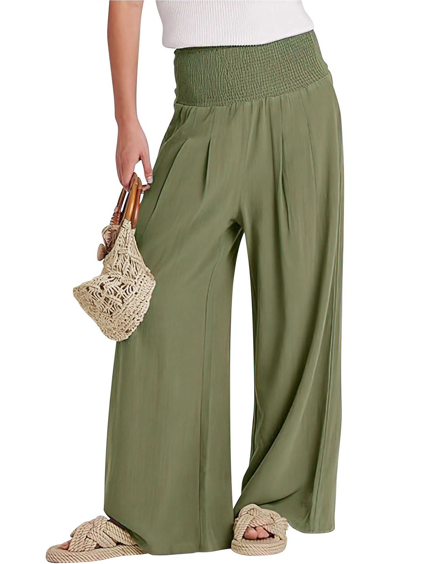 VDJ Palazzo Lounge Pants for Women Casual Comfy High Waist Flowy Green Dressy Pants Halara Trousers with Pockets