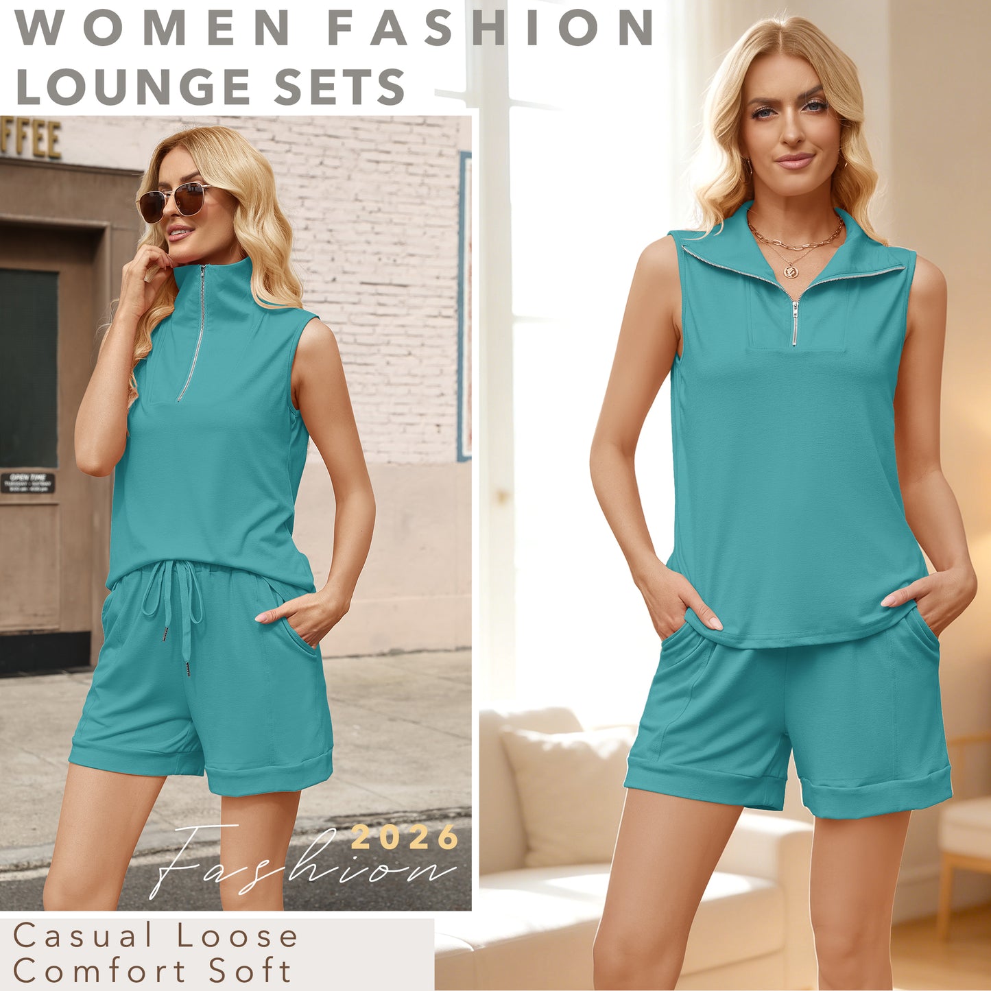 VDJ Two Piece Shorts Sets for Women Spring Summer Sleeveless Zip Tops and Elastic Wasited Shorts Matching Sets Clothing
