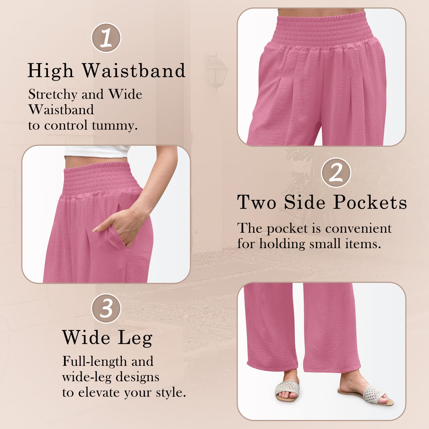 VDJ Summer Pants for Women Wide Leg Dress Pants Elastic Waist Palazzo Pants Dusty Pink Trousers with Pocket