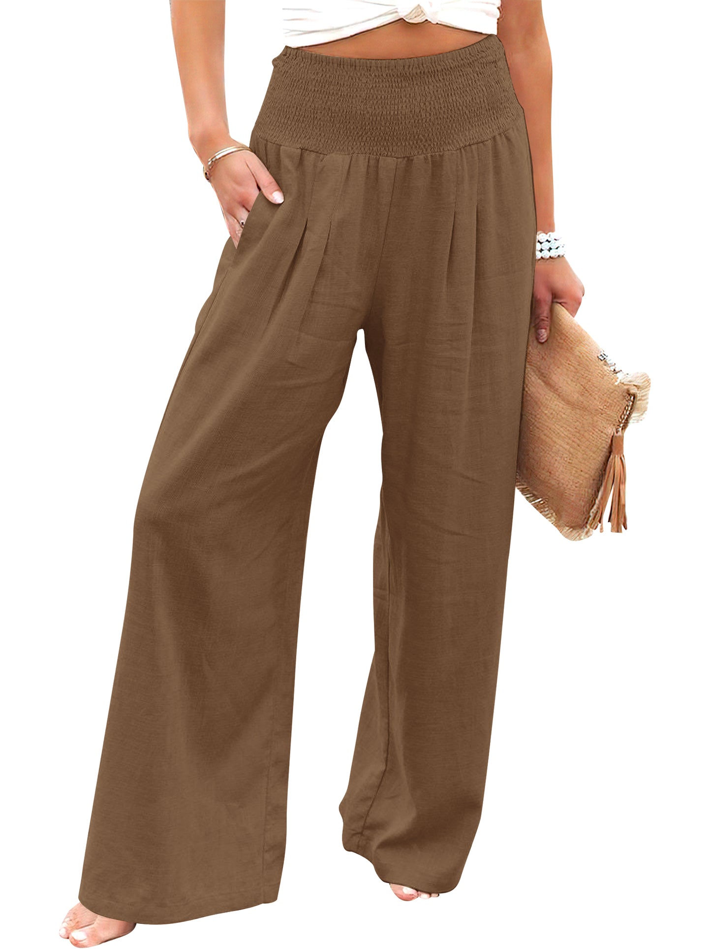 VDJ Womens Casual Pants Elastic High Waist Summer Coffee Lounge Pants Lightweight Flowy Beach Trousers Clothing