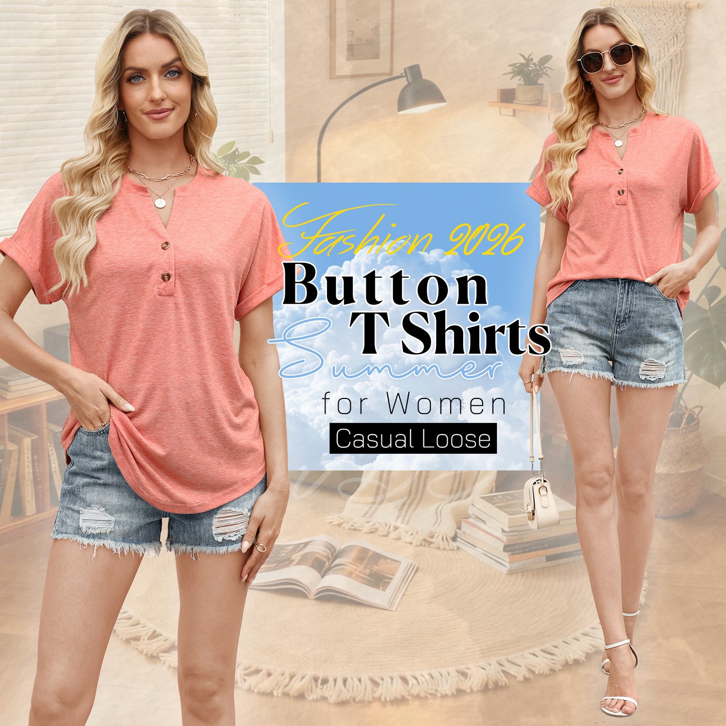 VDJ Womens Tops Fashion Short Sleeve Summer Button V Neck Shirts Loose Cute Coral Tunic Blouses for Ladies
