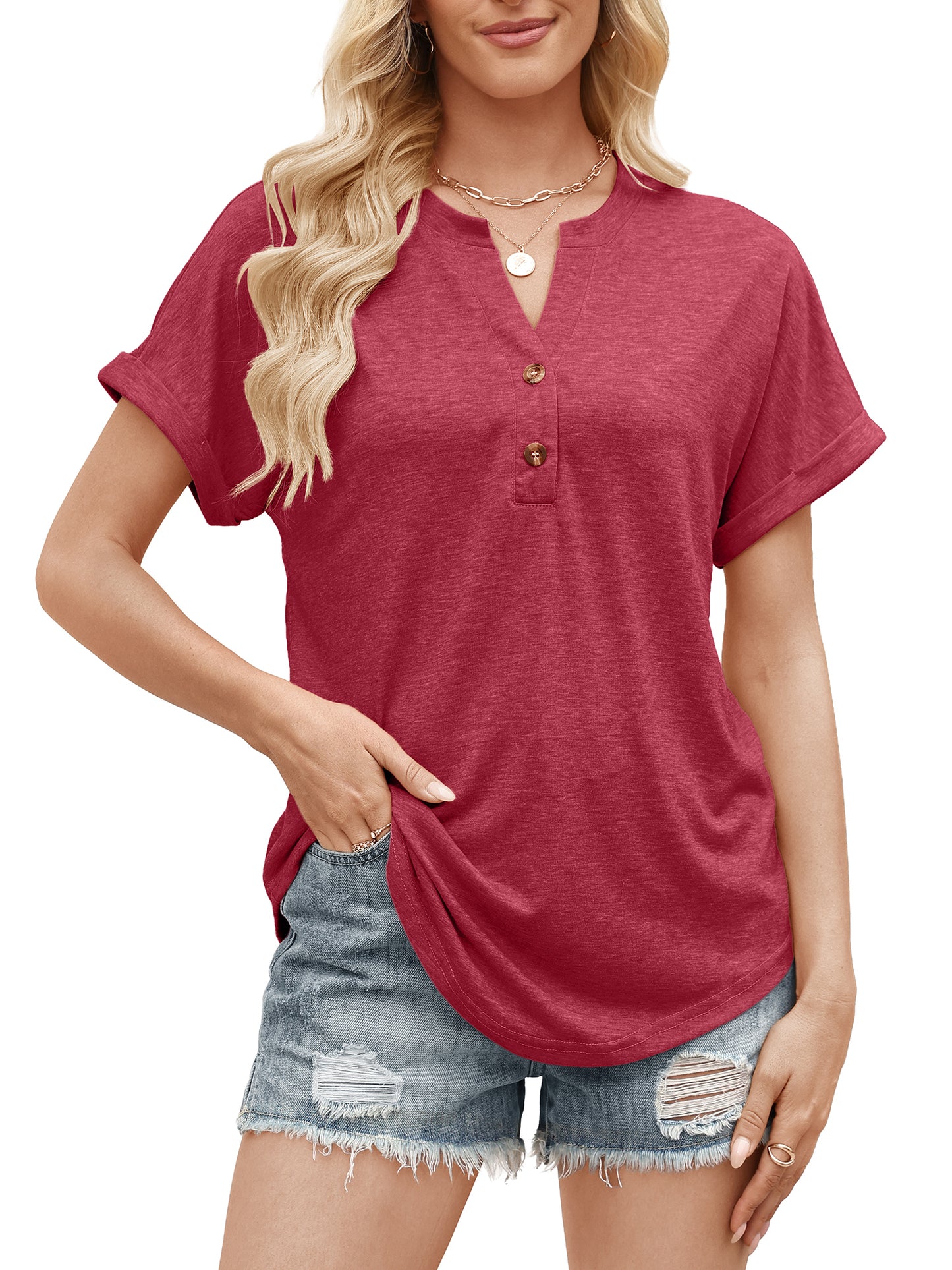 VDJ Womens T Shirt Short Sleeve Henley Collar Casual Dressy Shirts Button Up Plain Color Burgundy Chic Blouse