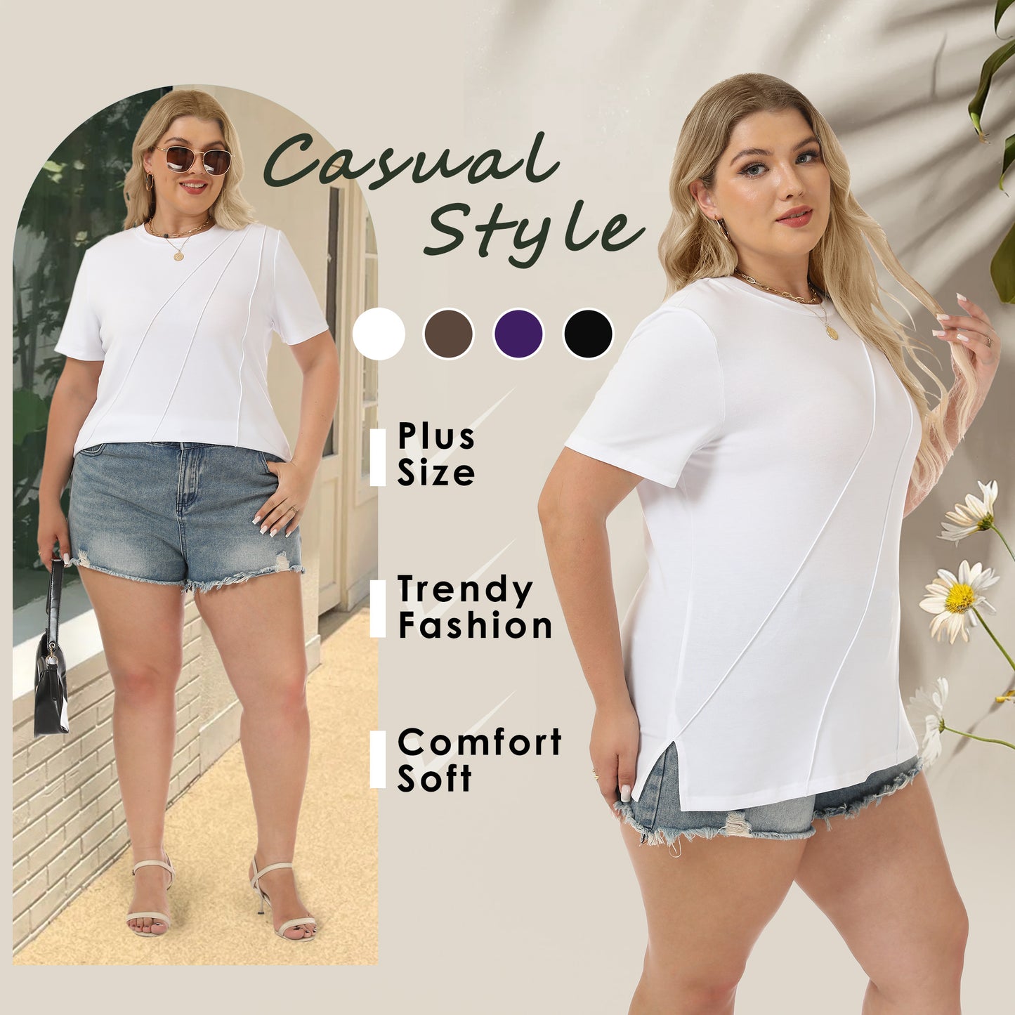 VDJ Women's Short Sleeve Tops Plus Size Loose Fit Crewneck White T Shirt Casual Dressy Shirts 2025 Summer Blouses