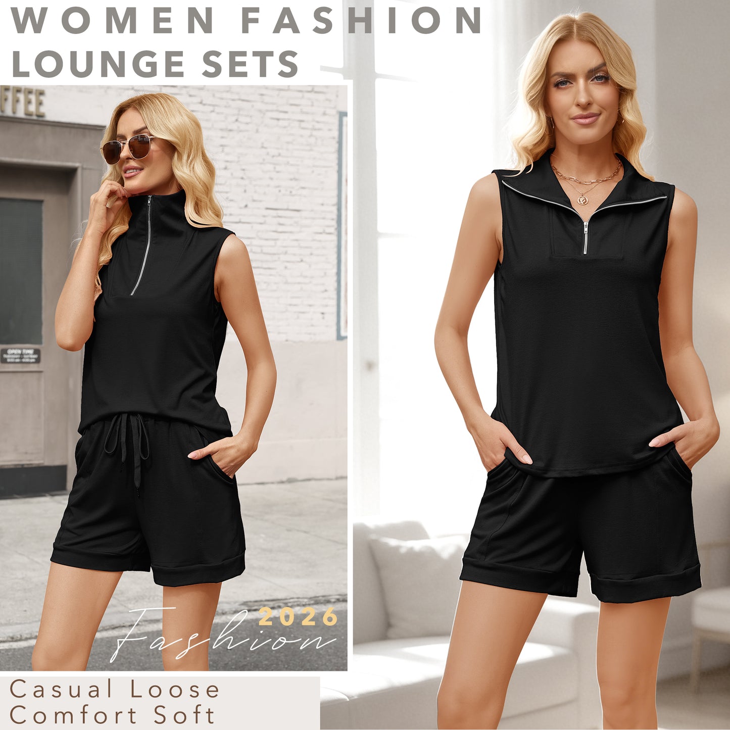 VDJ 2 Piece Sets for Women Sleeveless Zipped Tops Elastic Waisted Shorts Summer Tracksuit Black Casual Lounge Sets