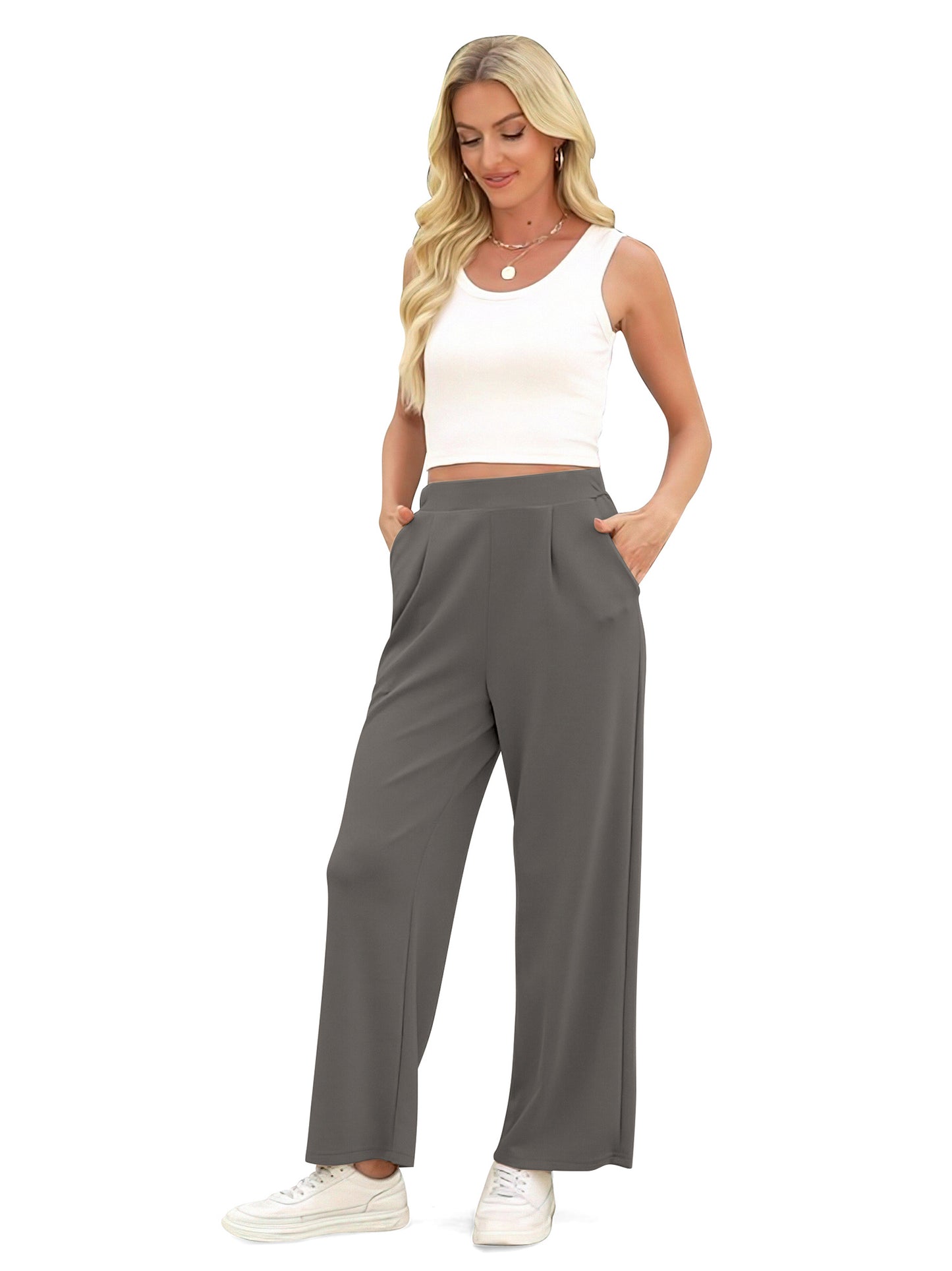 VDJ Pants for Women Elastic Waist Athleisure Casual Stretch 28" Inseam Wide Leg Sweatpants with Pockets Dark Gray Trousers