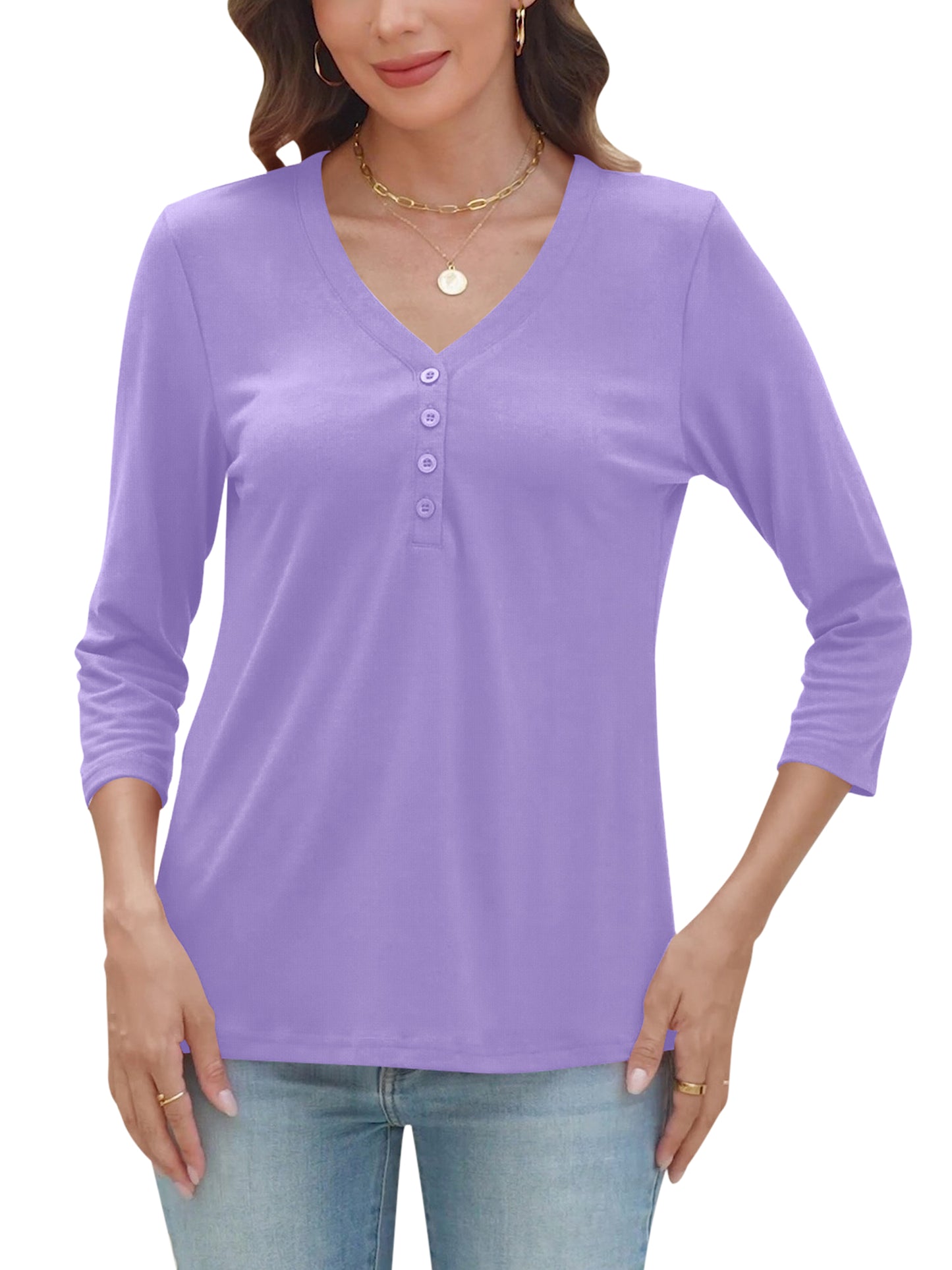 VDJ Womens Blouses Summer 3/4 Sleeve Basic T Shirts Button Up V Neck Comfort Soft Shirts Purple Tunic Tops