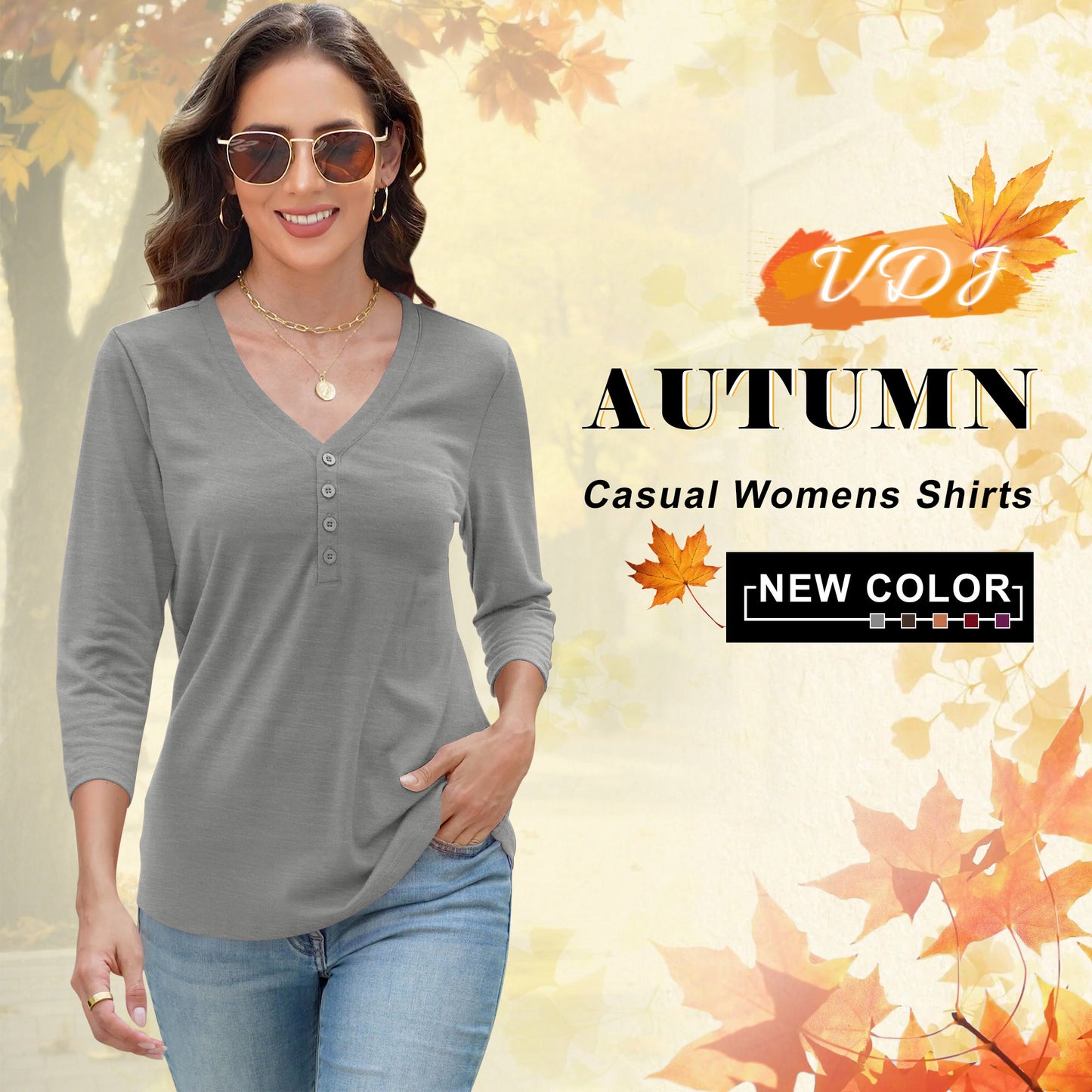 VDJ T Shirts for Women 3/4 Sleeve Summer Fall Basic Tee Solid Color Comfort Cool Light Grey Tunic Tops