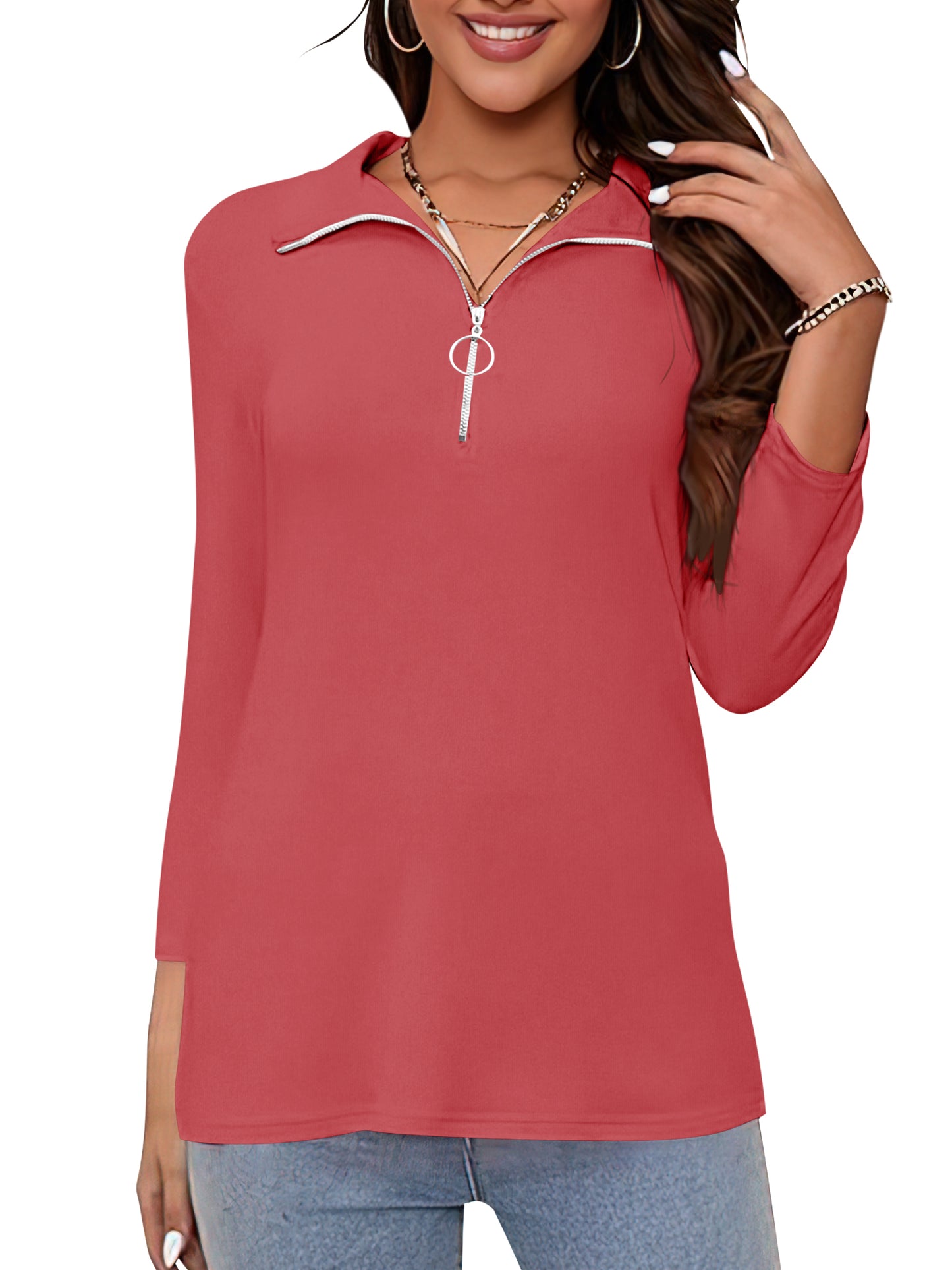 VDJ Women Cute Tops 3/4 Sleeve Half Zipped V Neck Comofortable Soft Lounge Tshirts Chic Peach Pink Tunic