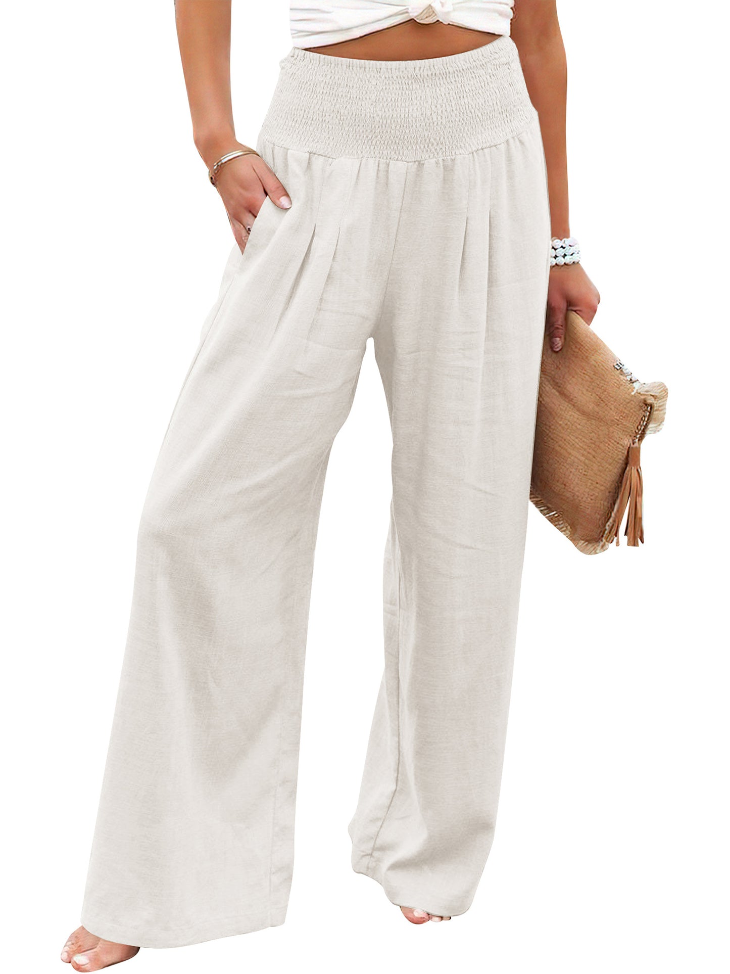 VDJ Women's Casual Wide Leg Pants Business Work Dress Pants Flowy Baggy Harme Pants Boho Beige Palazzo Trousers