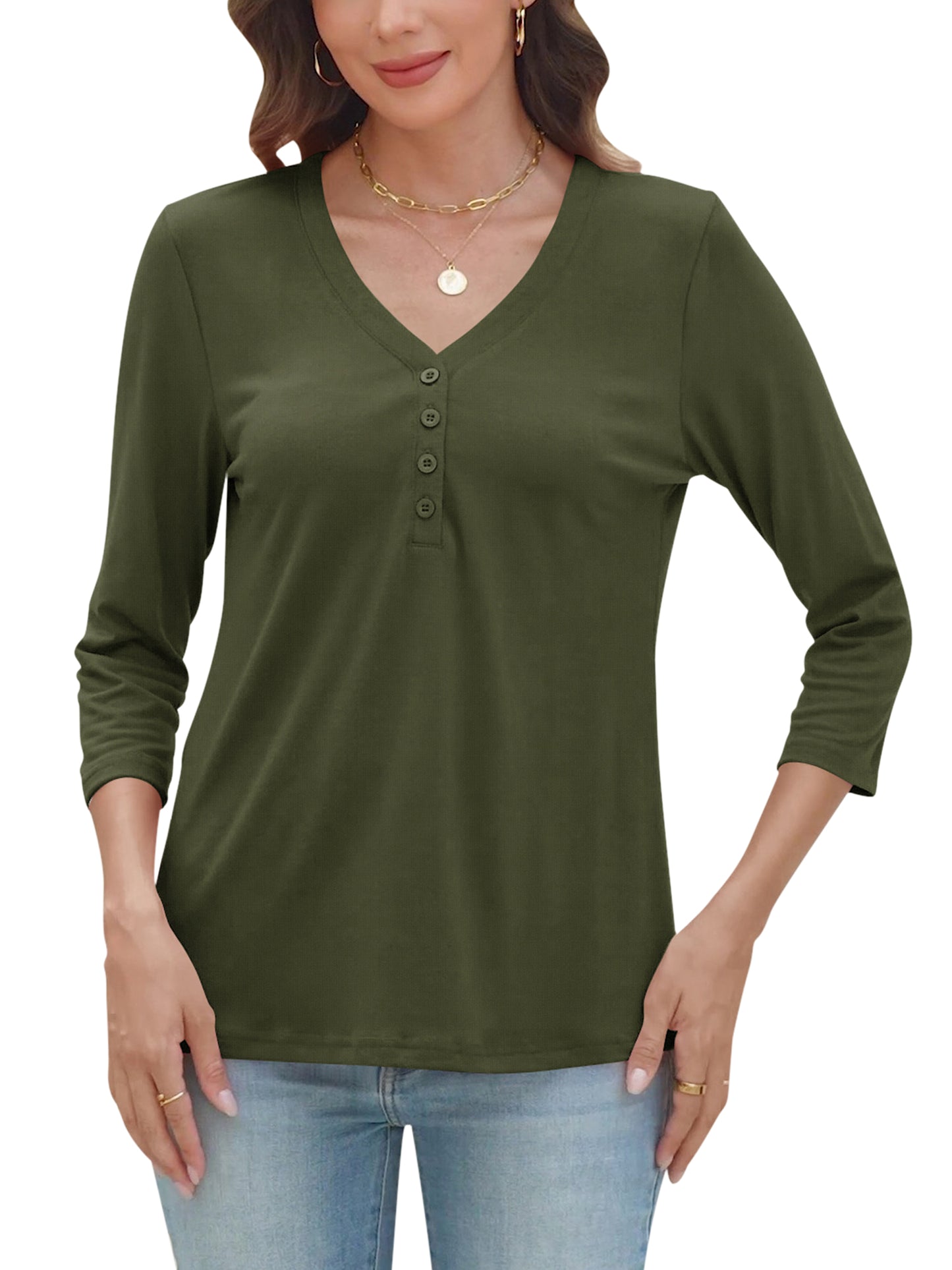 VDJ Women Summer T Shirts Casual Loose 3/4 Sleeve V Neck Tunic Stylish Solid Color Army Green Business Tee Clothes