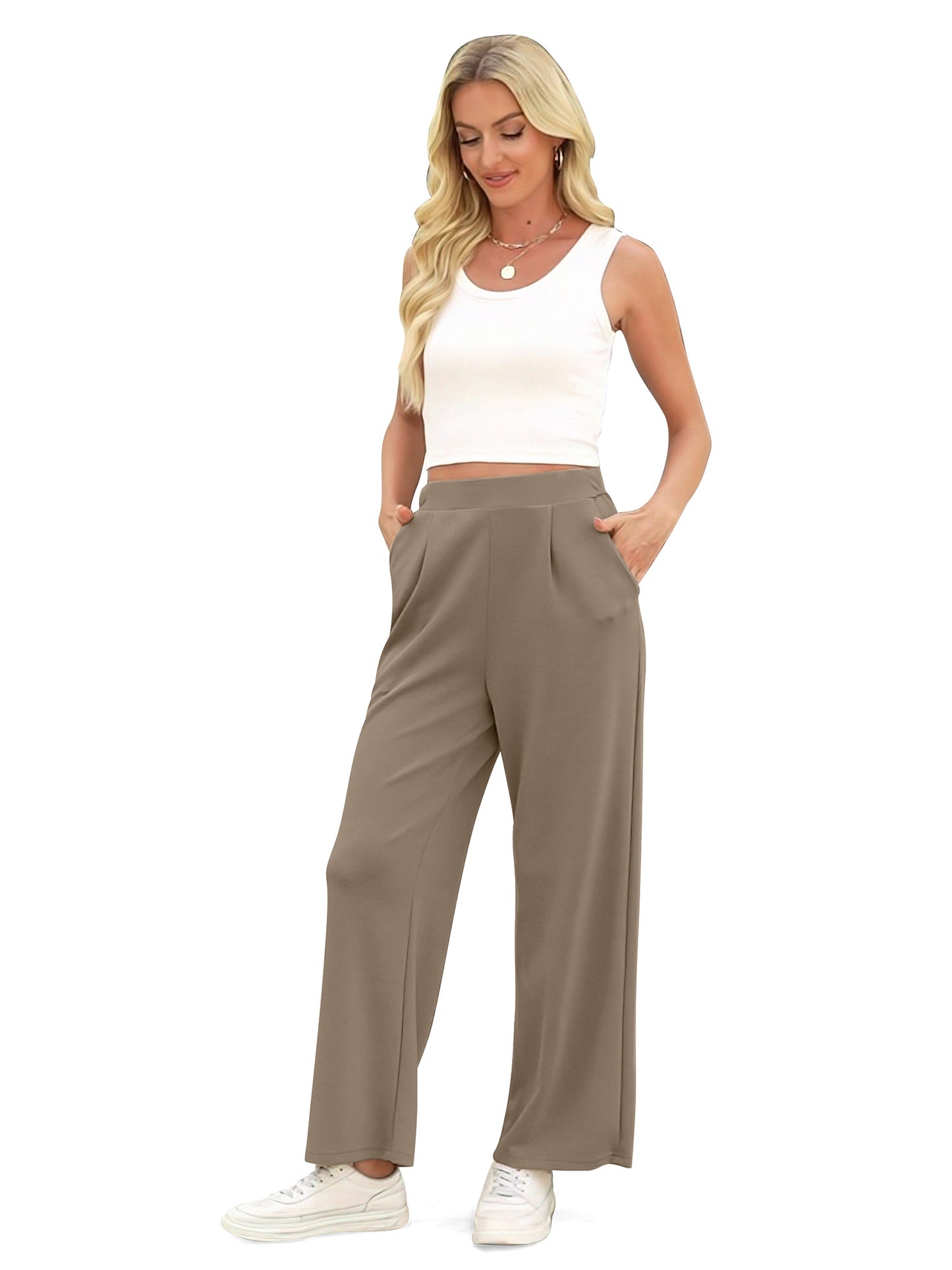 VDJ Wide Leg Pants for Women High Waist Casual Ahleisure Pants Pull On Flare Trousers with Pockets