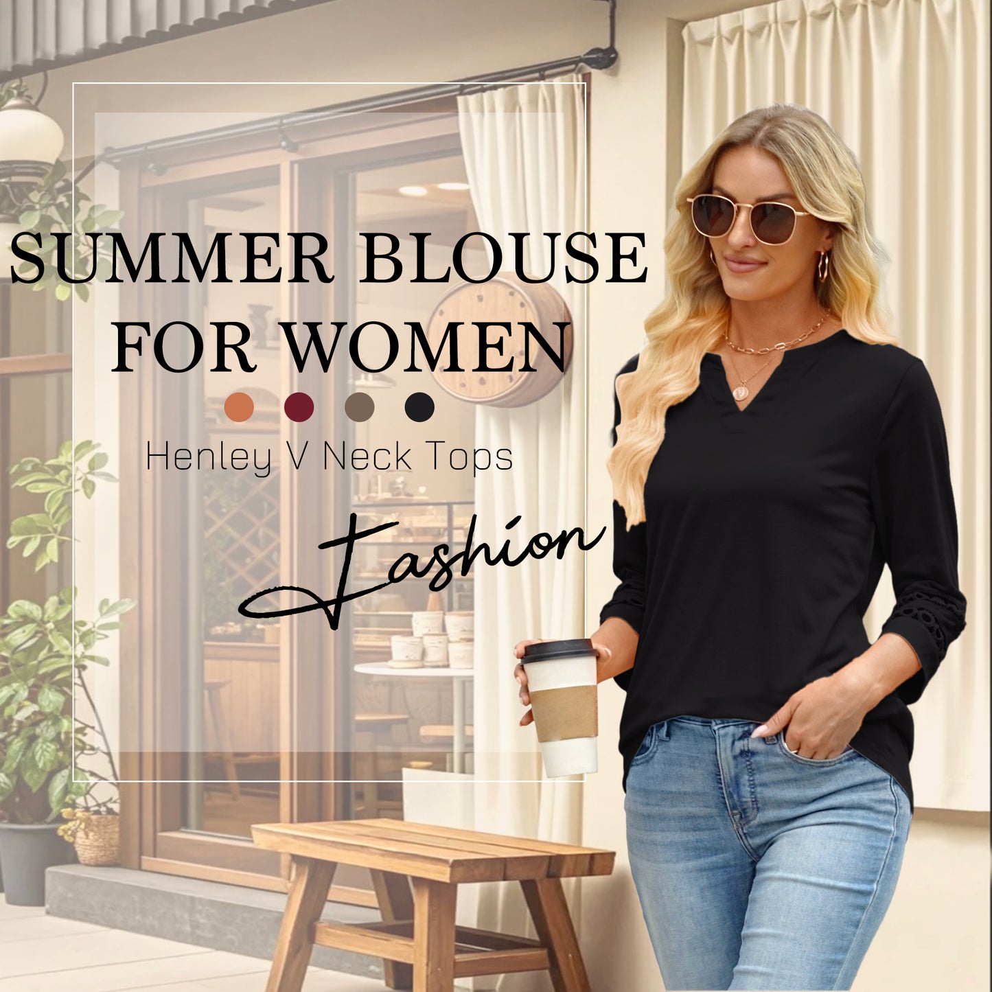 VDJ 3/4 Sleeve Women Tops Henley V Neck Summer Trendy Blouses Dressy Casual Coral Tshirts Tunic Clothing