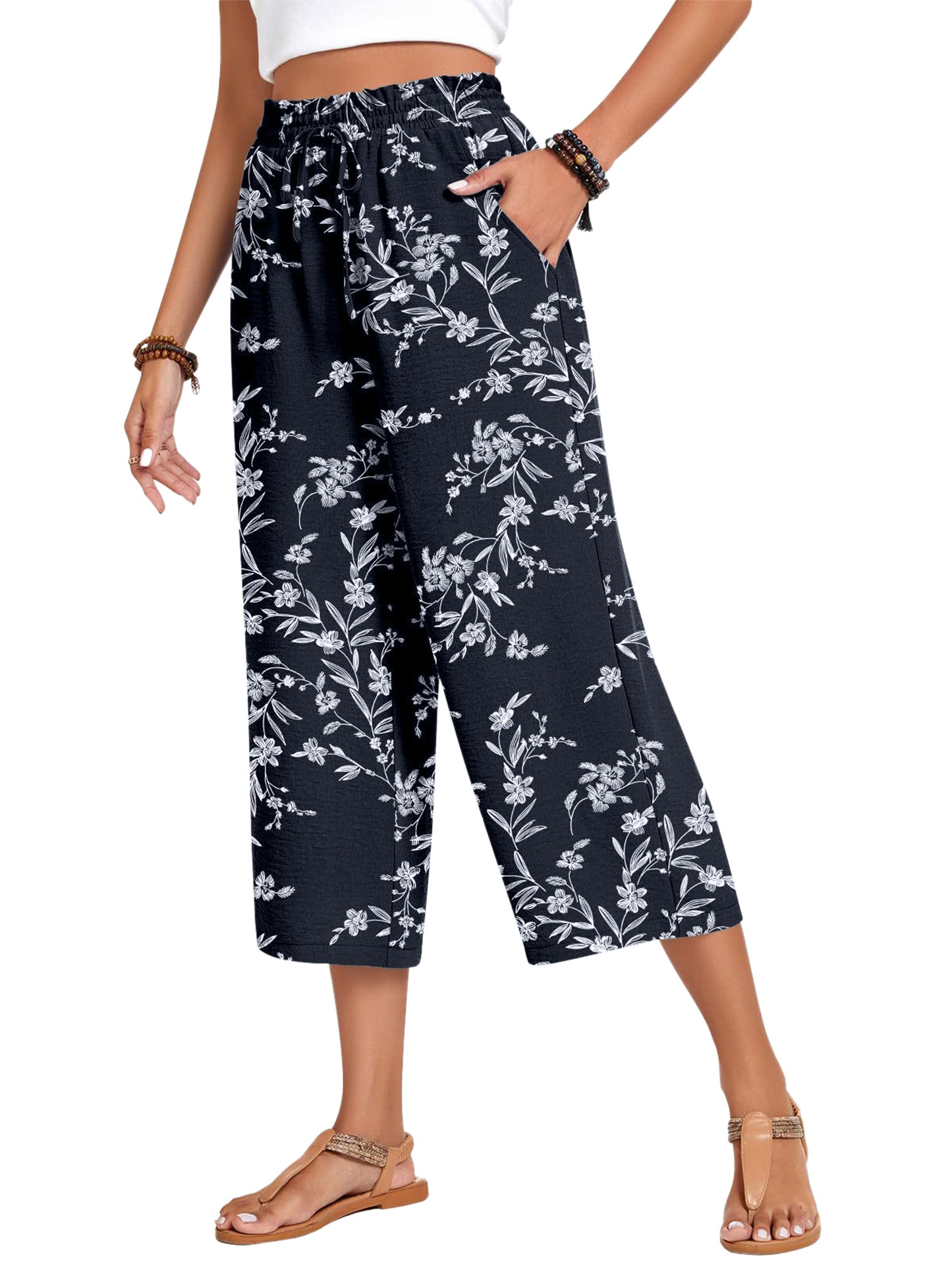 VDJ Fashion Pants for Women High Waist Drawstirng Summer Capri Pants Tie Belt Pockets Summer Vacation Pants