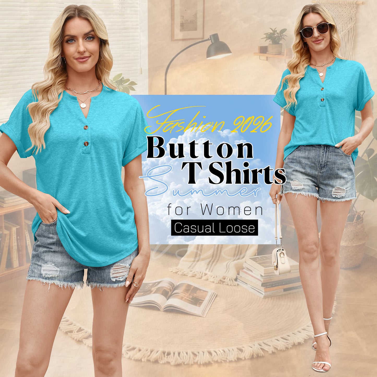 VDJ Womens Blouses Casual Loose Henley V Neck Tee Comfort Lightweight Solid Tee Shirts Summer Mint Blouse