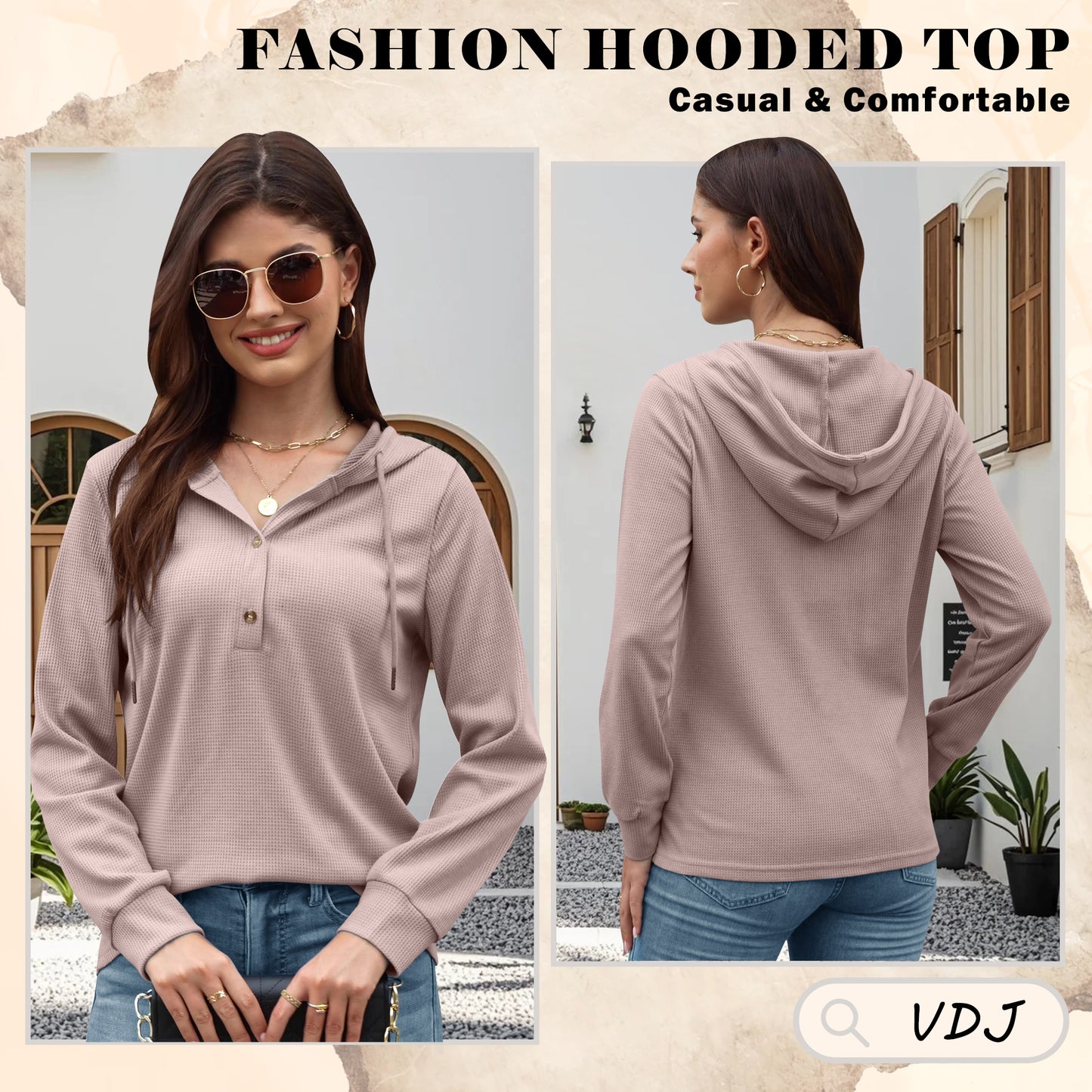 VDJ Hooded Tops for Womens Casual Loose Waffle Knitwear Drawstring Hoodies Button Cute Pink Sweatshirts