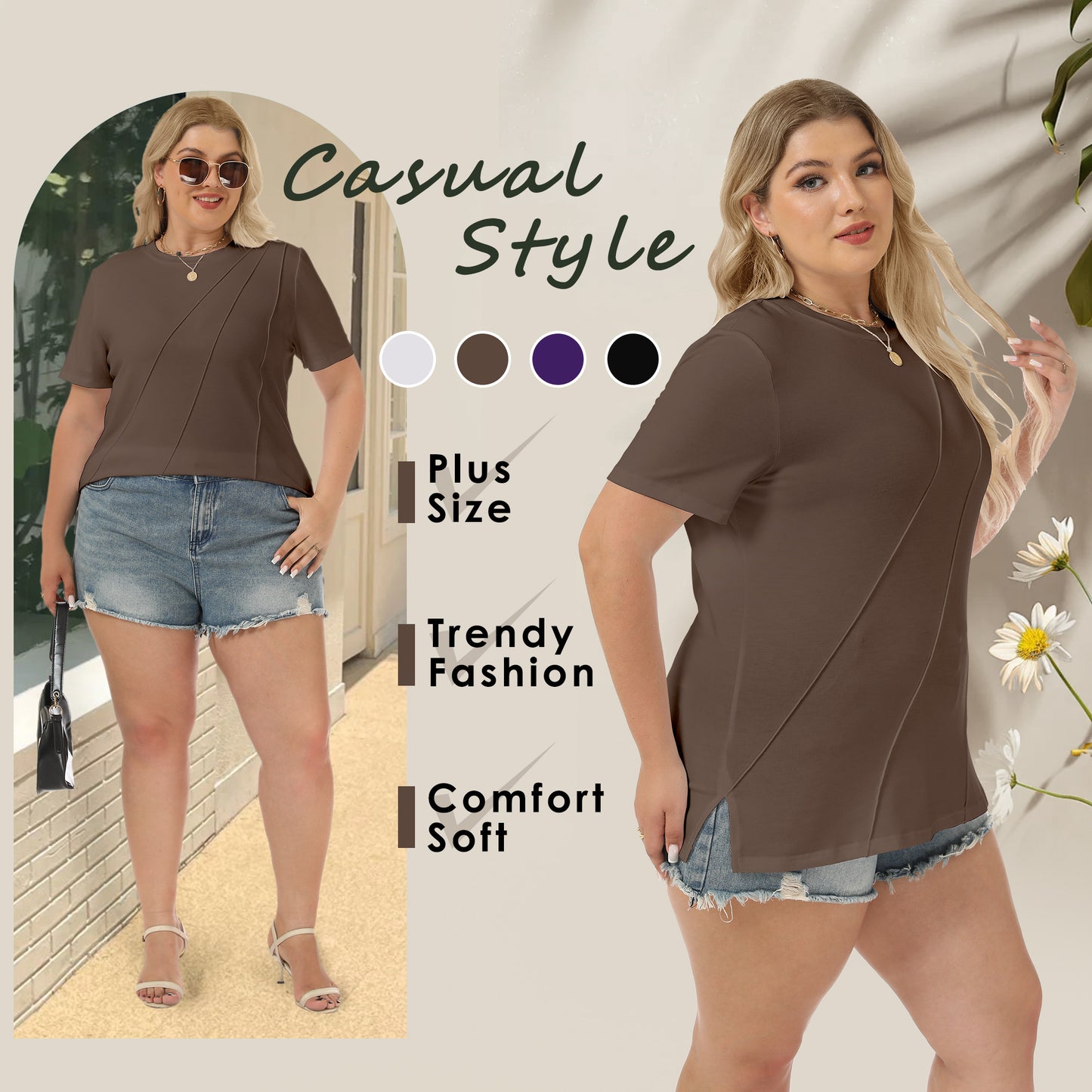 VDJ Summer Tops for Women Casual Loose Crew Neck Plus Size Tshirts Lightweight Soft Lounge Blouse Side Slit Outfits