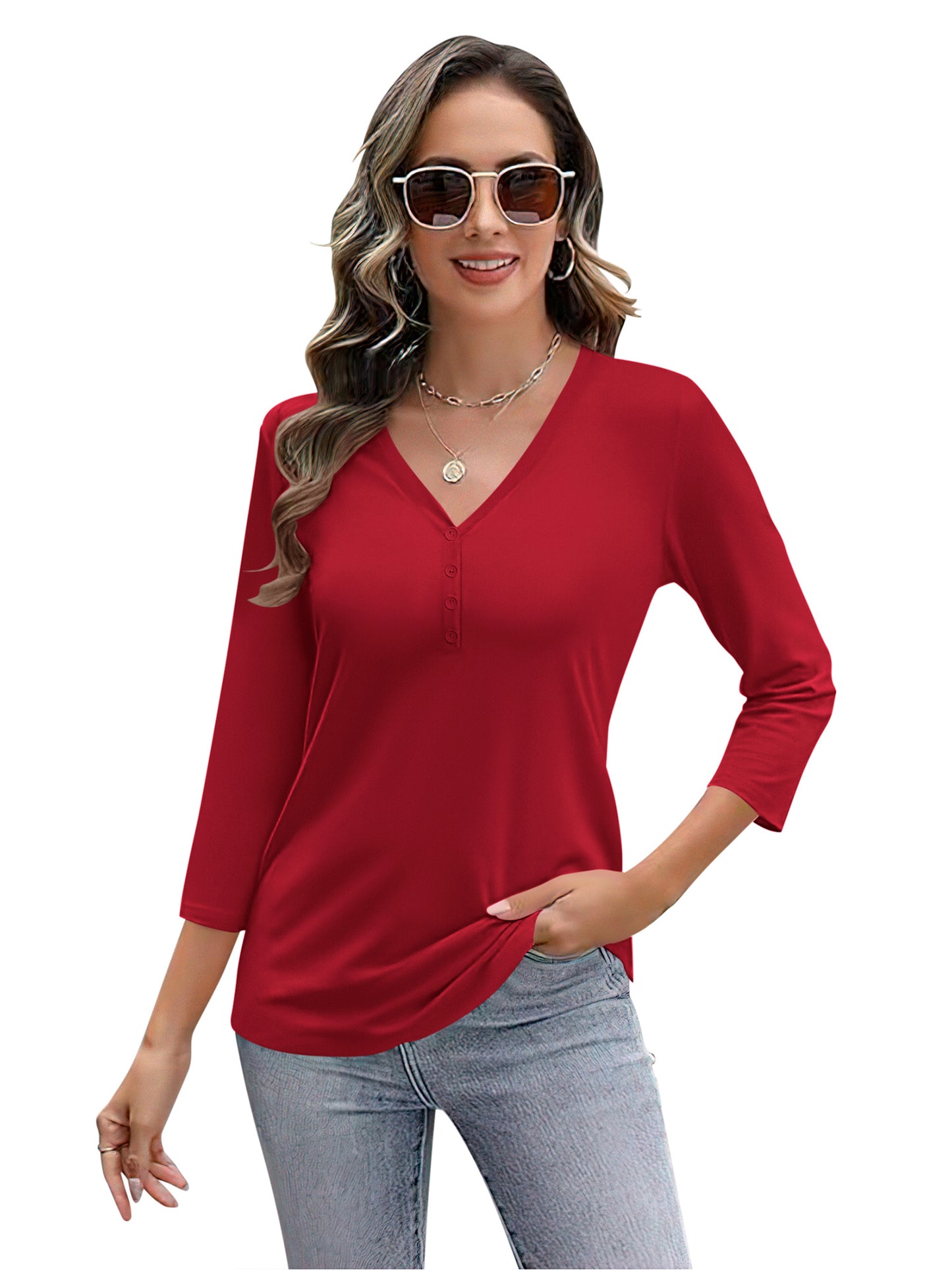 VDJ Women Blouses 3/4 Sleeve Sleeve Button V Neck Tshirts Cozy Soft Lounge Red Tee Tops Clothing