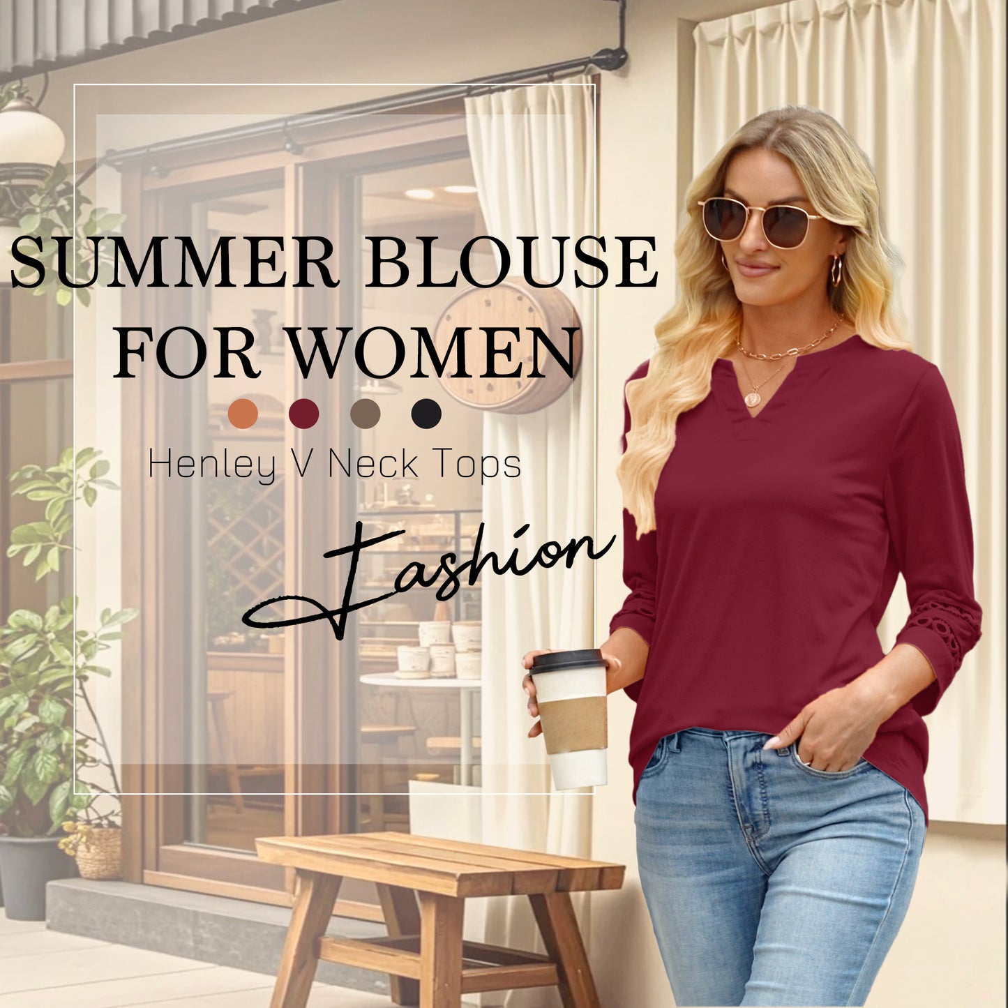 VDJ Women Blouses Casual V Neck T Shirt Loose Fit Solid Color 3 4 Length Sleeve Ladies Elegant Wine Red Tunic Tops