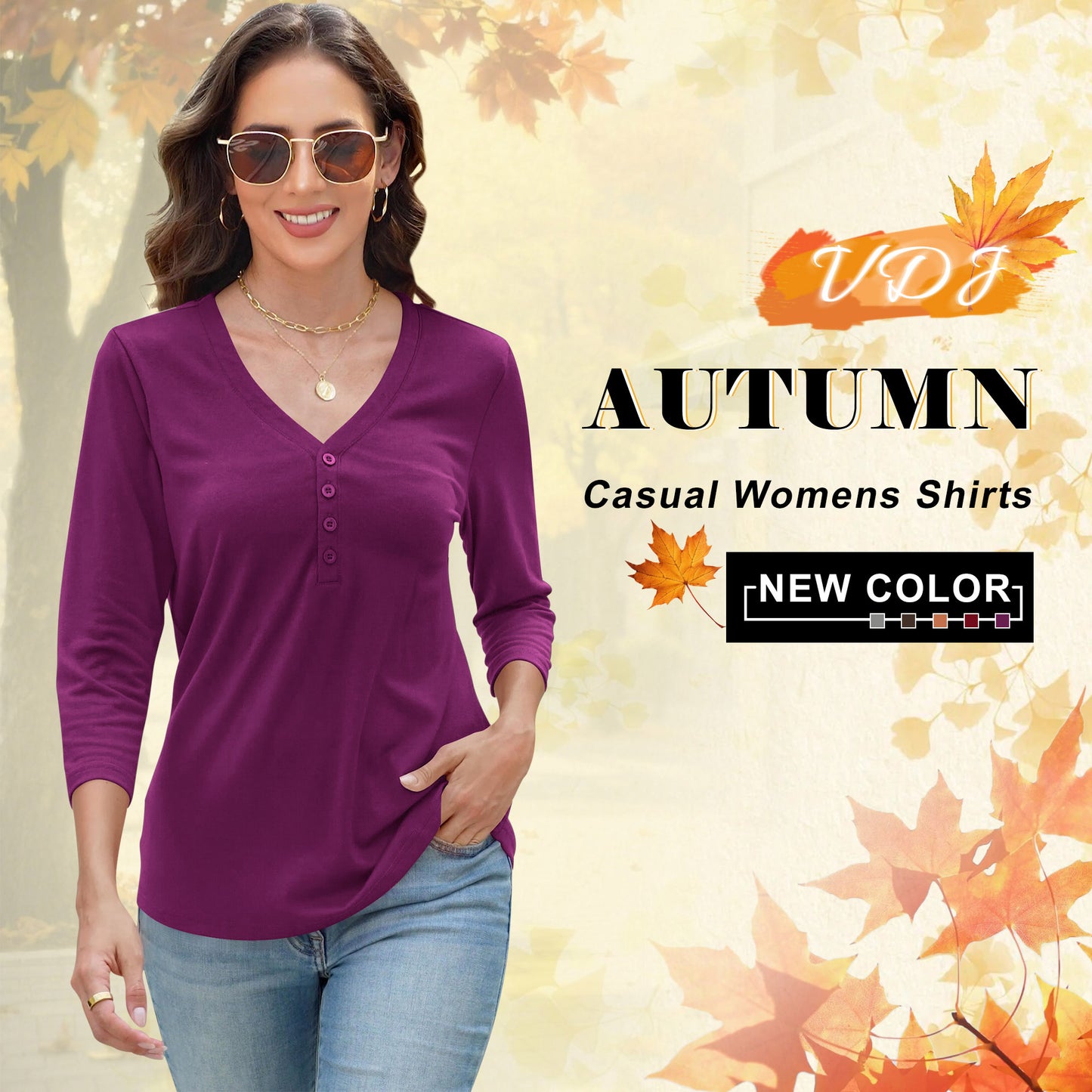 VDJ Women Fall Shirts Lightweight Dressy Casual Tshirts Dark Blue Solid Button Down Blouse Tunic Tops