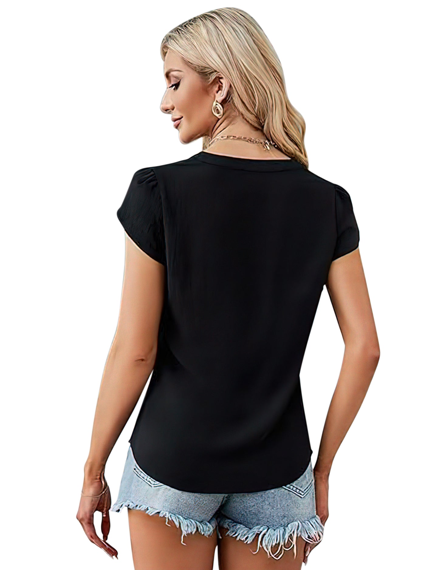 VDJ Summer Tops for Women Business Casual Tops Summer Holiday Trendy Short Sleeve Shirts Button Up Black Blouse for Lady
